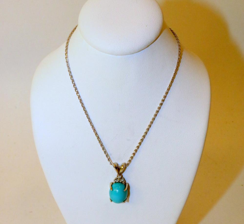 ESTATE 14k White Gold Turquoise and Diamond Pendant on (1 of 4)