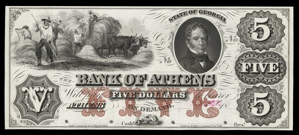 GA Bank of Athens. $5. 1850s. Proof Unc.: GA. Athens. Bank of Athens. $5. 1850s. (GA-5 G6a). Red FIVE. Proof on India paper. Hay wagon left. A beautiful Southern color Proof by Bald, Cousland. Choice Uncirculated.