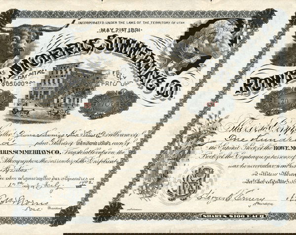 Rowe, Morris, Summerhays 1902 Stock: Rowe, Morris, Summerhays (Territory of Utah ) 1902. #70 . 100 shs. Detailed view of the Rowe, Morris, Summerhays tannery. Bull and rams heads, upper corners. Signed by Robert Morris as vice president.