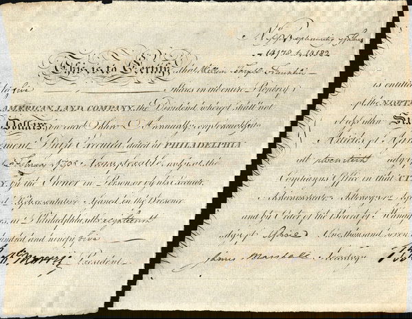 1795 North American Land Share Cert: North American Land (PA) 1795. Philadelphia. 5 shs. Counterfoil, left. On laid paper. Boldly signed by Robert Morris as president. Countersigned by James Marshall as secretary. Clean and uncancelled