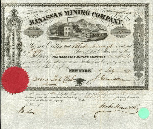 Manassas Mining 1853 Stock Certificate: Manassas Mining (VA) 1853. #195. 50 shs. Red seal. Train passes mill. Small eagle, bottom. Robertson & Seibert Lith. VF.*