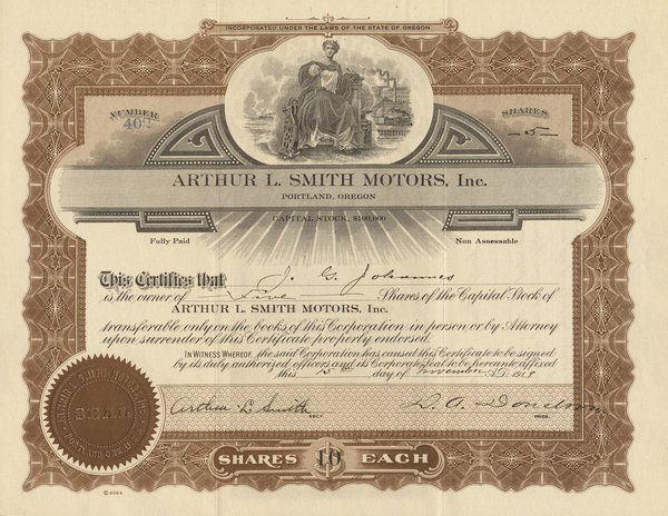 Arthur L. Smith Motors 1919 5 shs VF+
