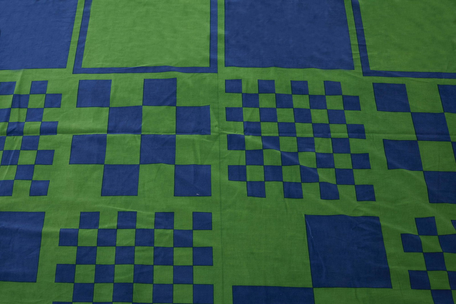 Ross F. Littell (attributed), fabric: Ross F. Littell (attributed), fabric, 1970 ca.H640 cm (H251.97 in )Fabric attributed to Ross F. Littell, hand-printed cotton velvet, geometric square patterns in the shades of green and blue.