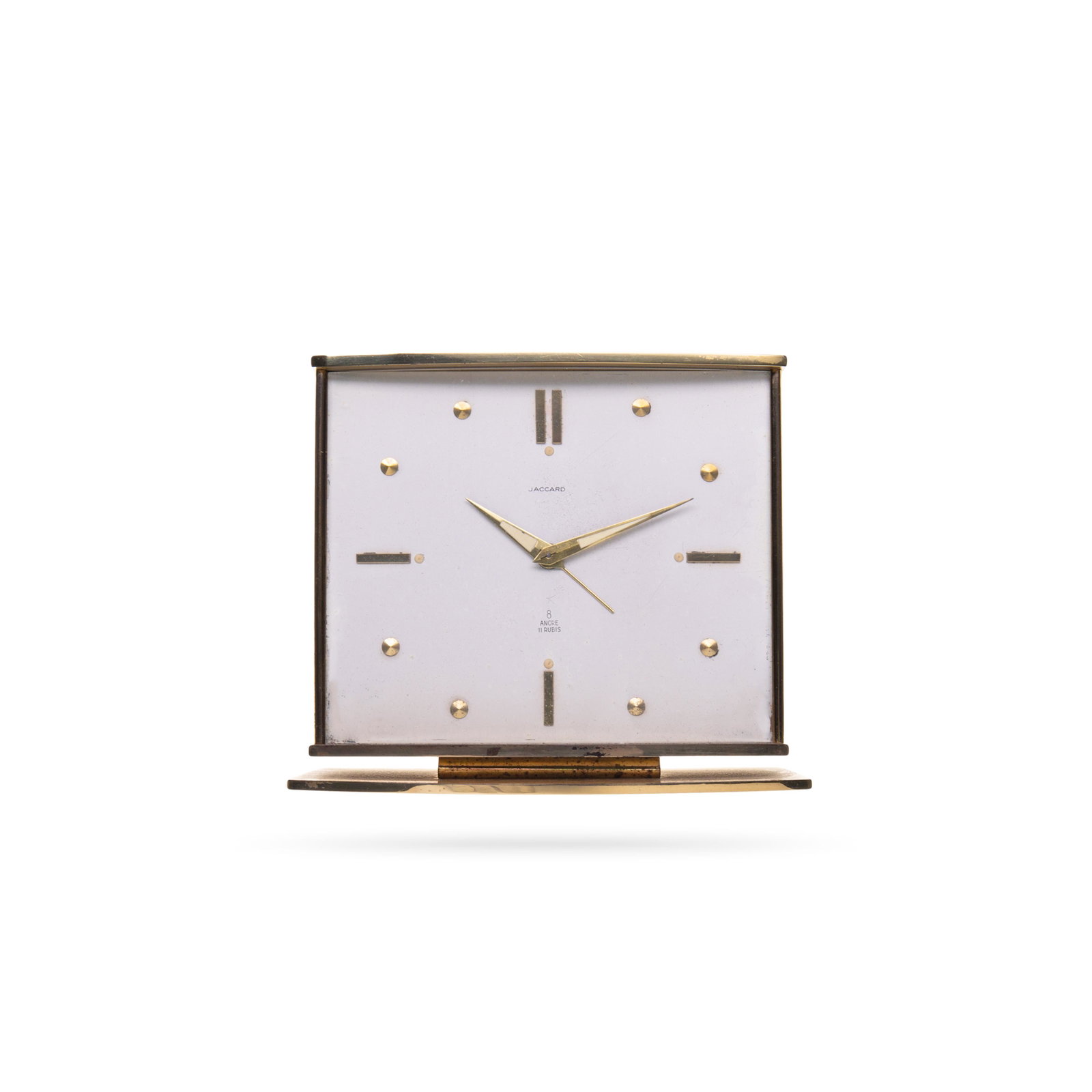Table clock: Square brass table clock. Manual winding with 8 days of power reserve and alarm. JACCARD-Switzerland. H10 x L10.5 cm (H3.94 x L4.13 in), 1950/60.