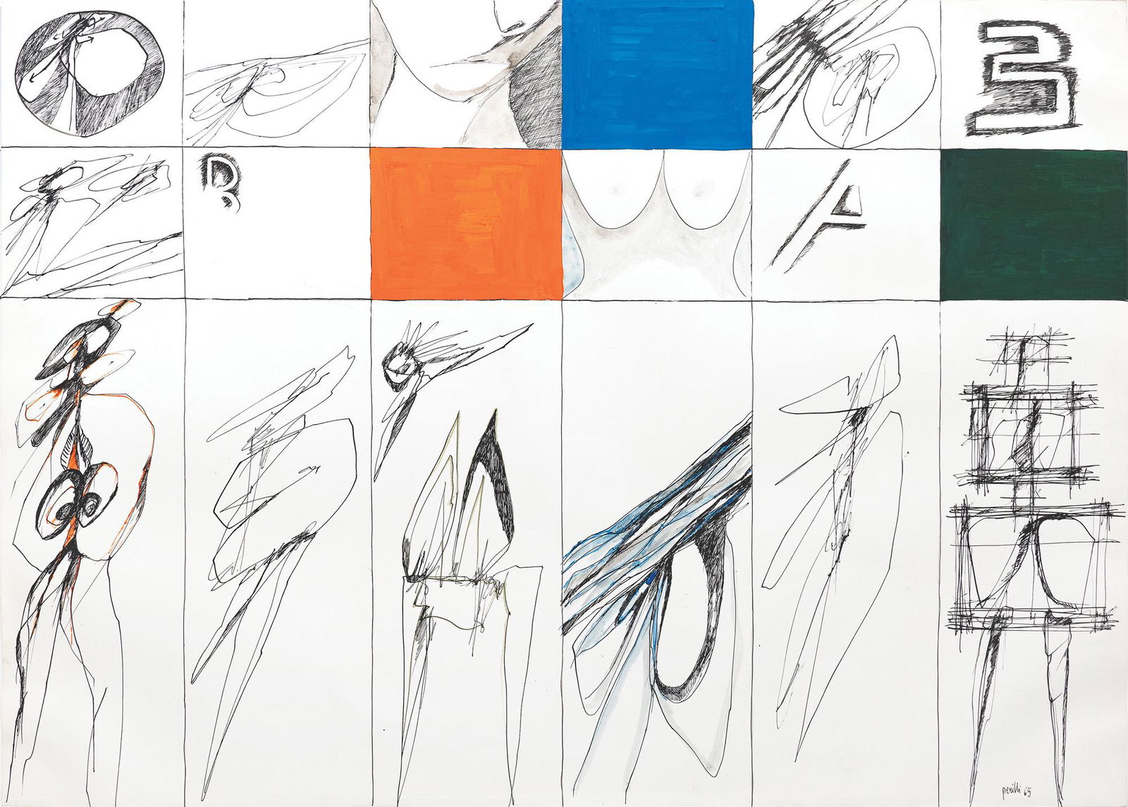 Achille Perilli, Untitled: Tempera and ink on cardboard by Achille Perilli (1927), H70 x L99 cm (H27.56 x L38.98 in), 1965. Signature and date lower right. The work will be included in the future publication of the catalogue ab