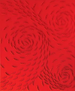 Riccardo Gusmaroli, Vortice rosso: Paper boats on canvas by Riccardo Gusmaroli (1963), H60 x L50 cm (H23.62 x L19.69 in), 2018. Signature on the reverse. The buyer will receive the certificate of authenticity n. 28042 Archivio Gusmarol