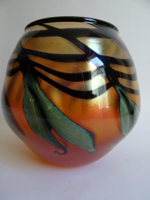 SIGNED CHARLES LOTTON 1996 ART GLASS VASE 7" Orange (1 of 5)