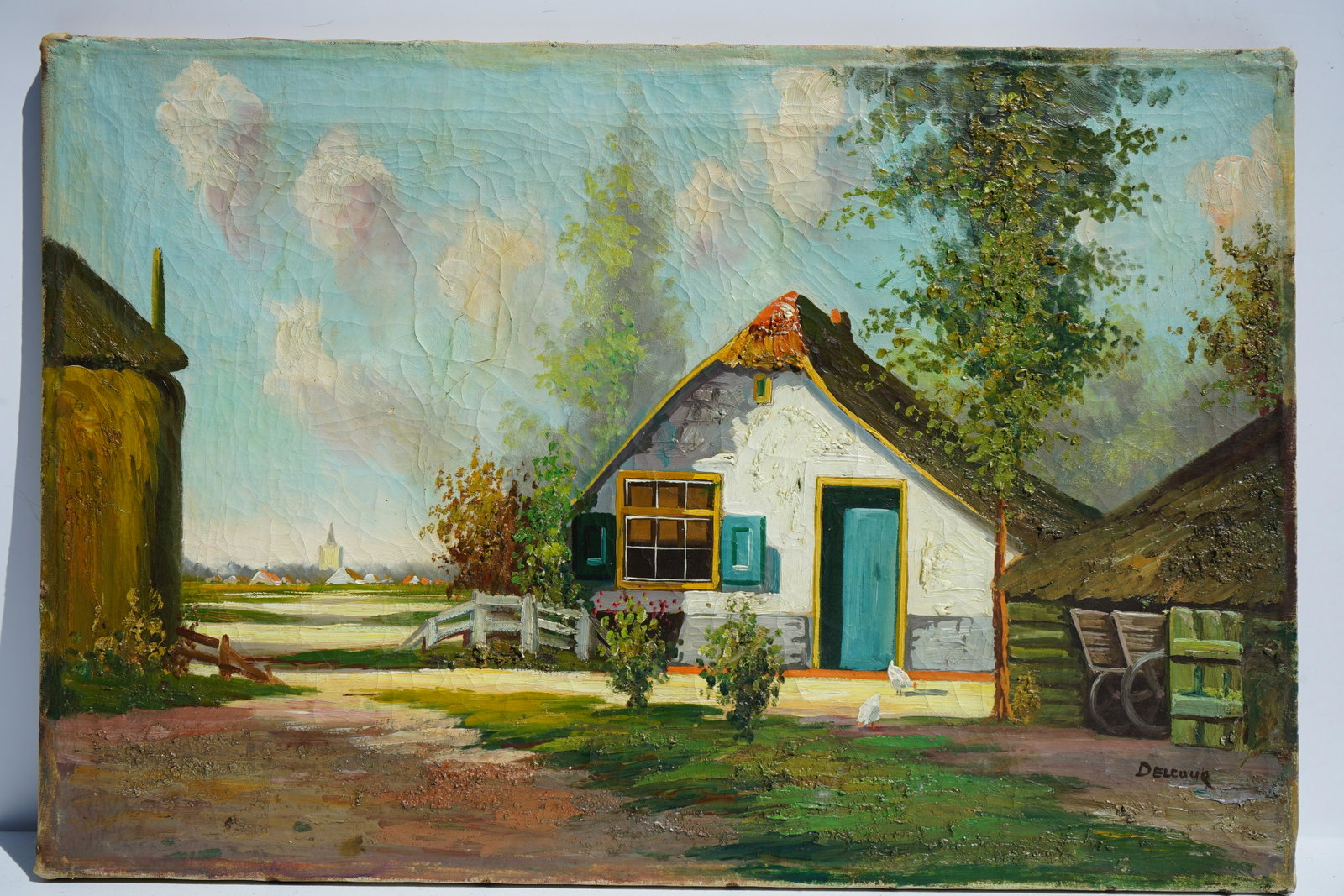 PAINTING OF STONE COTTAGE/SMALL FARM SIGNED: An acrylic on canvas of a white cottage. chickens feeding in yard. wood cart in barn. village background. cloudy skies Appears to be a European landscape. This is a unframed work of art. It is texture