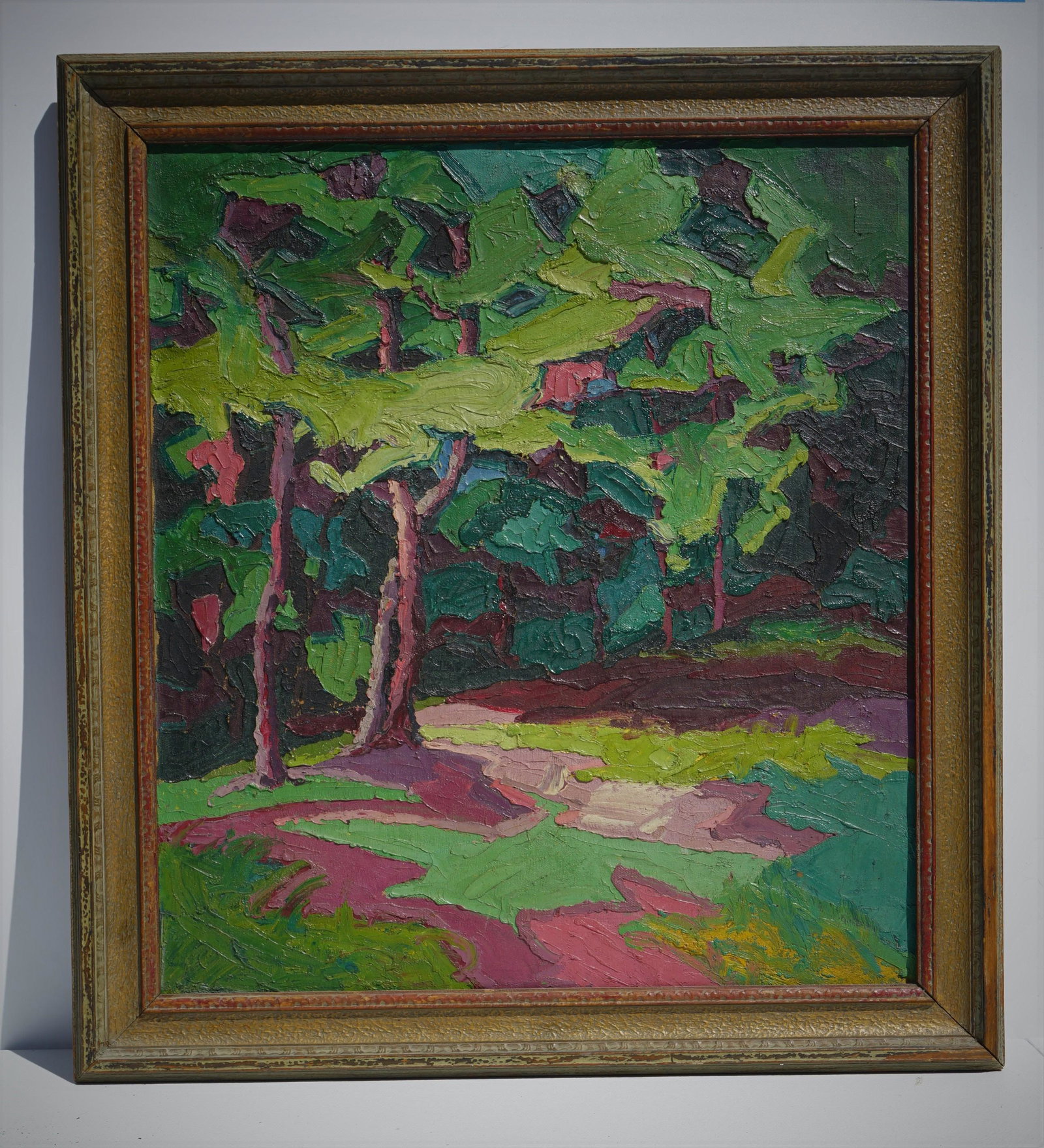 ARTS & CRAFTS STYLE ACRYLIC ON CANVAS-TREES RUTH DYRUD: An acrylic painting of trees on canvas. Working with colors of various shades of green, blues, pinks and browns. Arts and Crafts style.textured piece done with knife and brush. On the back is written 