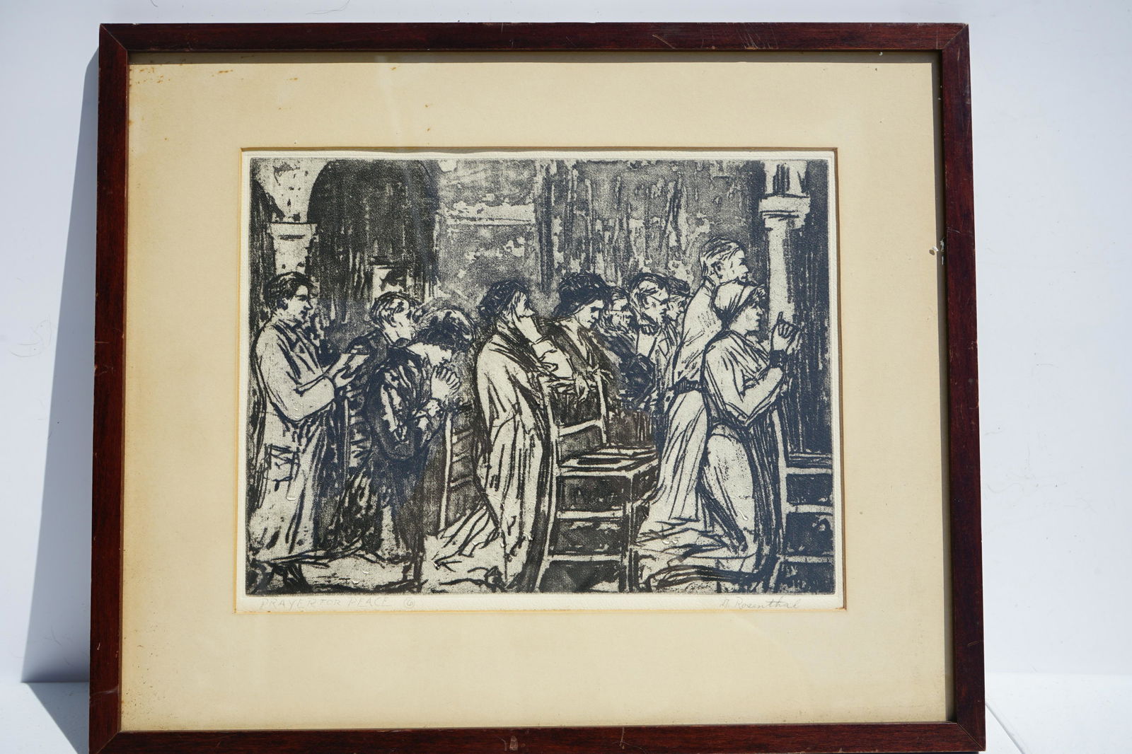 "PRAYER FOR PEACE" ETCHING BY DAVID ROSENTHAL AMERICAN: An etching by David Rosenthal (American 1876-1949) titled "Prayer for Peace" Estimated age : 1930's People in pews kneeling in prayer. Titled and Signed in pencil and the number 6 circled. The etching