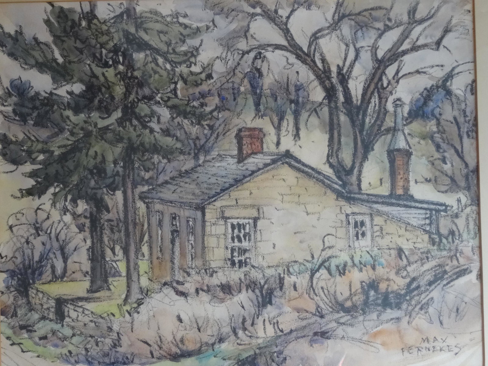 MAX FERNEKE ( 1905-1984) "SHAKE RAG STREET" PASTEL: A drawing pastel and charcoal signed Max Fernekes lower right.Max Ferneke a Wisconsin Artist that was most recognized in the 1940's for his Wisconsin and most Mineral Point drawings and paintings. Thi