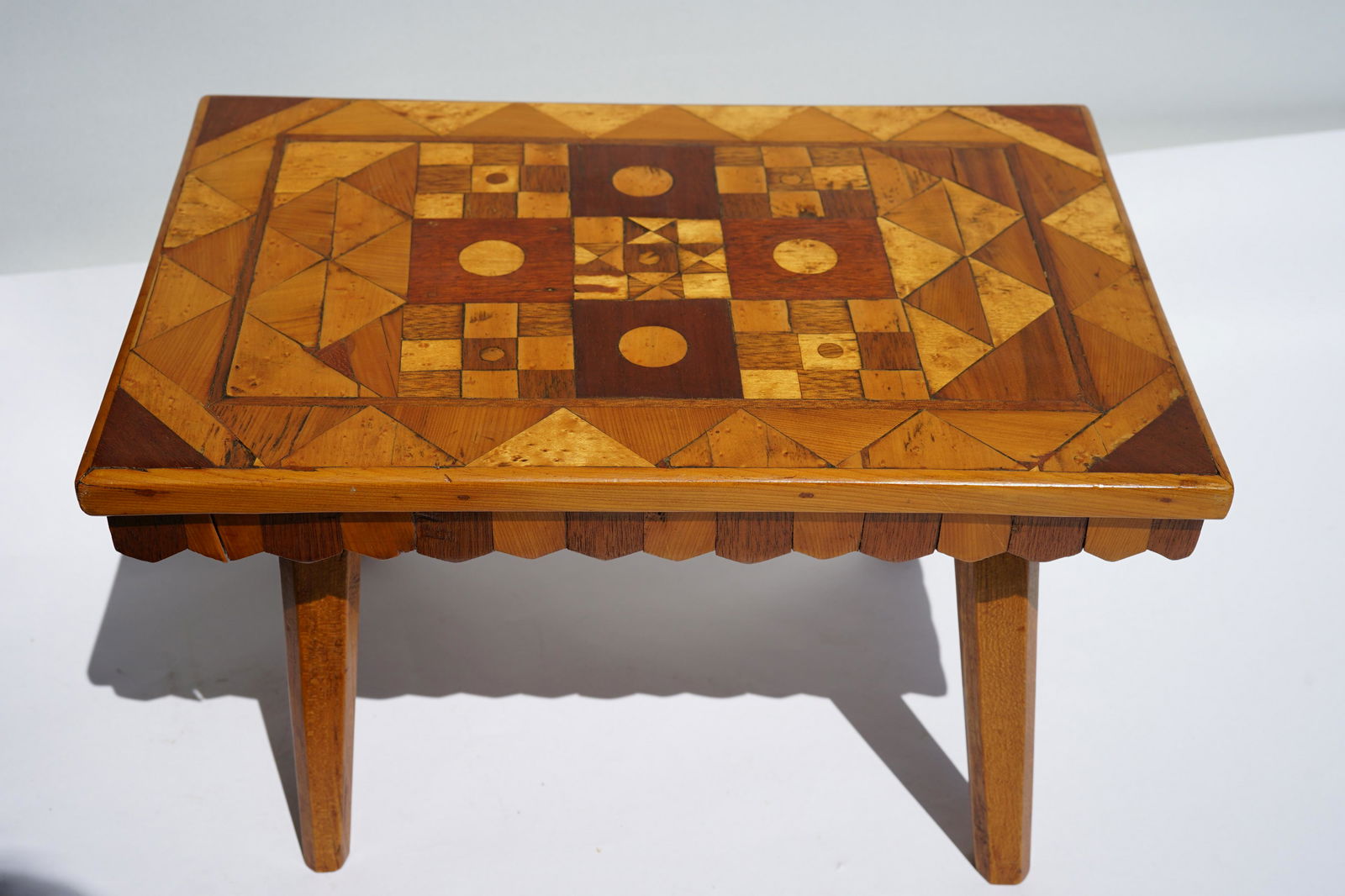 DATED 1880 MARQUETRY STOOL SCALLOPED EDGE WHIMSICAL (1 of 4)