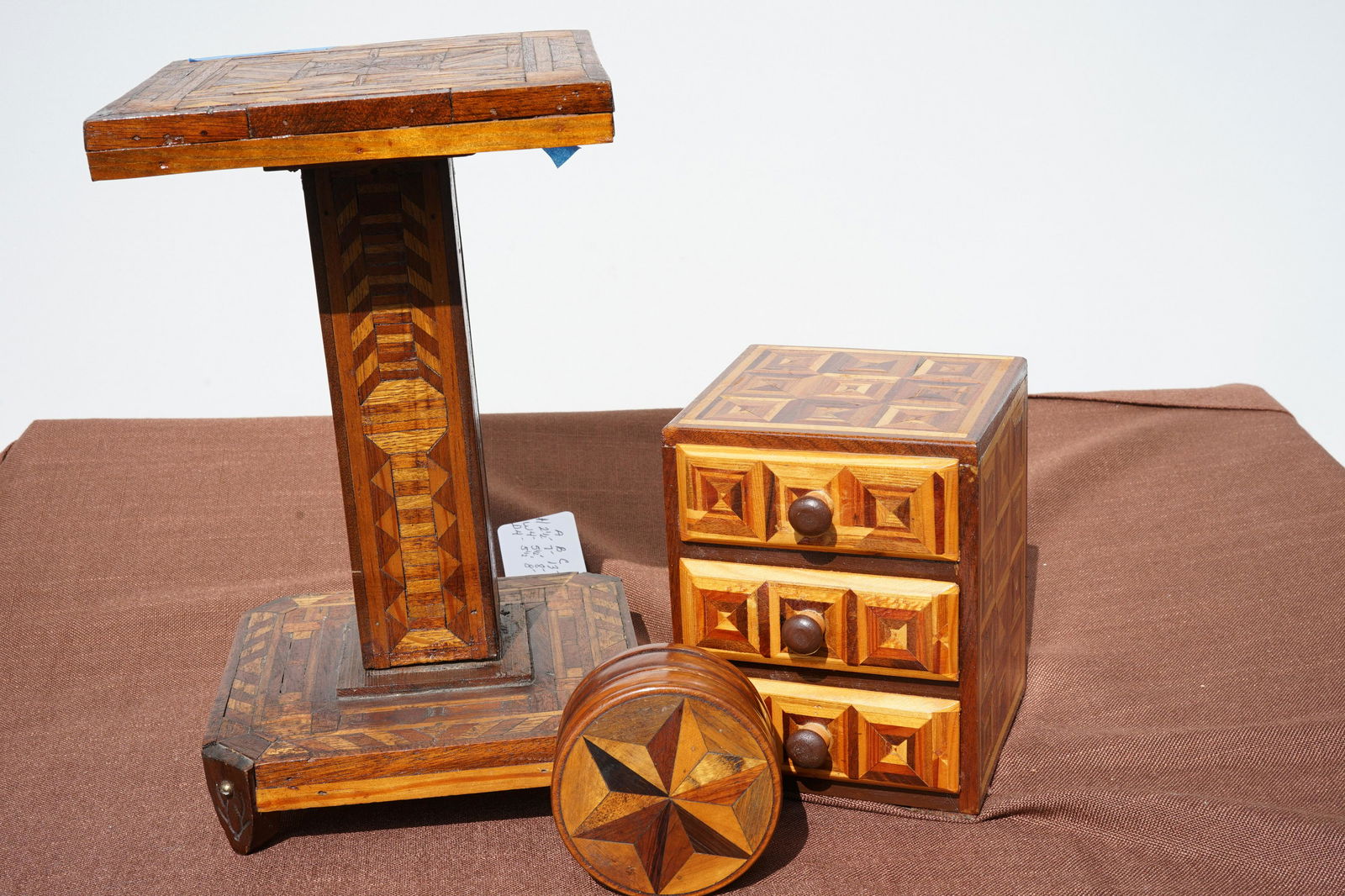 VINTAGE FOLK ART MARQUETRY SMALL FERN STAND, ROUND (1 of 3)