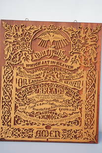 "LORDS PRAYER" FOLK ART SCROLL WORK . MOUNTED ON BOARD.: lovely Lords prayer scroll work and carved and then mounted on pine board. All stained to a two tone decorative. 18 1/2" by 15 1/2" and 1/4" thick