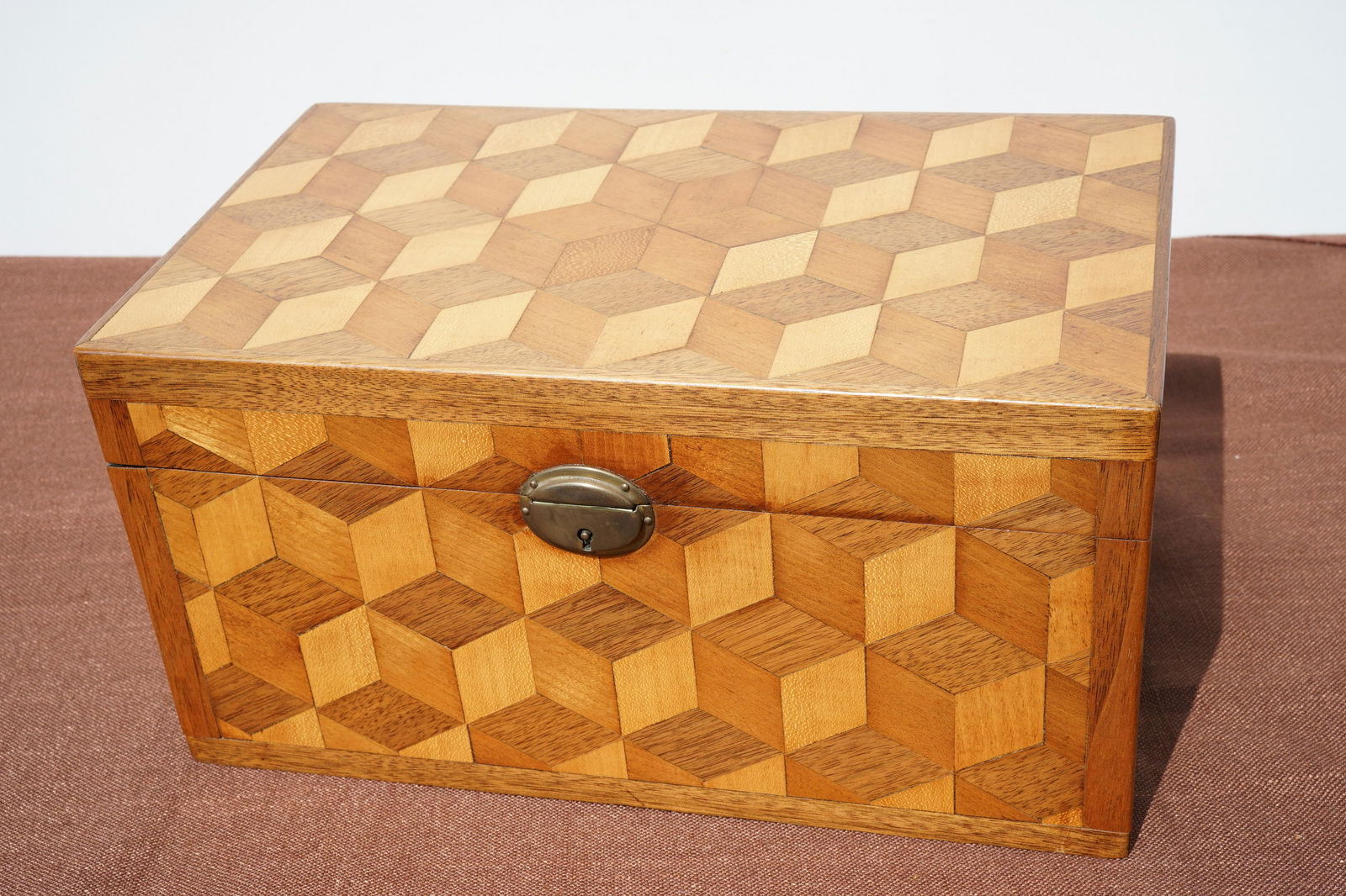 FOLK ART MARQUETRY BOX OF THREE DIMENSIONAL  CUBE (1 of 1)