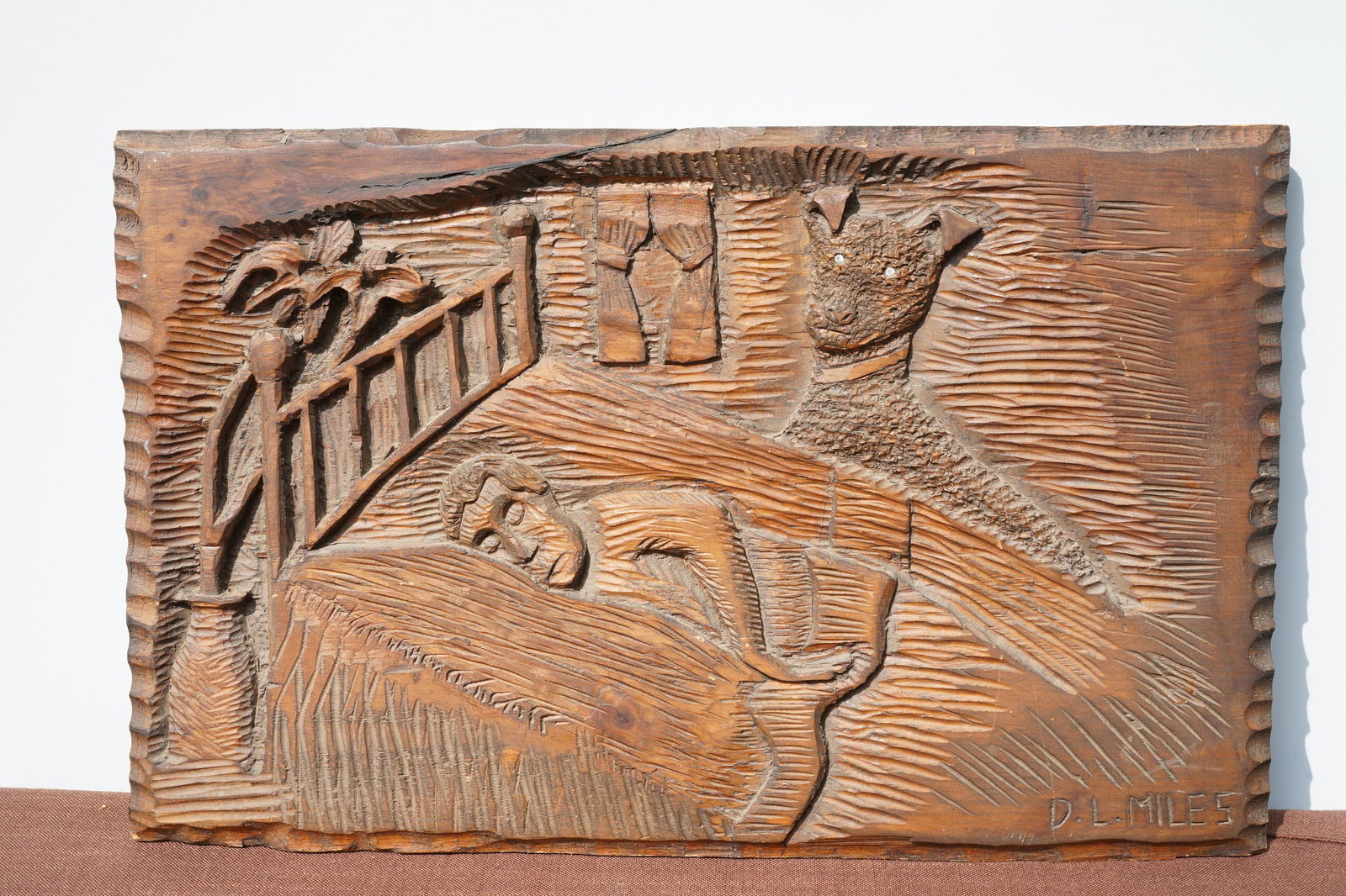 FOLK ART CARVED BOARD. MAN SLEEPING WHILE DOG PROTECTS (1 of 5)