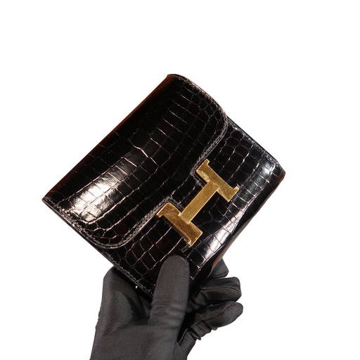 Hermes Constance Compact Black Crocodile PHW Wallet in Box