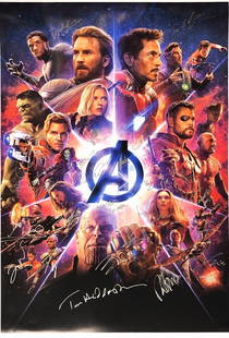 Avengers Infinity War Poster Chadwick Boseman Signed: Autographed by:Robert Downey Jr., Chadwick Boseman, Chris Hemsworth, Elizabeth Olsen, Sebastian Stan, Karen Gillan, Scarlett Johansson, Tom Hiddleston, Benedict Cumberbatch, Benedict Wong, Tom