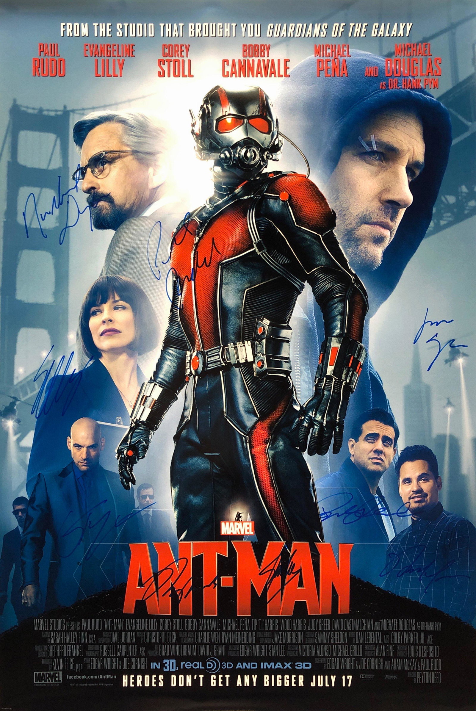 Marvel Ant-Man Paul Rudd, Evangeline Lilly Autographed: Autographed by: Paul Rudd, Michael Douglas, Evangeline Lilly, Corey Stoll, Bobby Cannavale, Judy Greer, Michael Pena, T.I., Peyton Reed Size: 24" x 36" All items come with COA which has professional a
