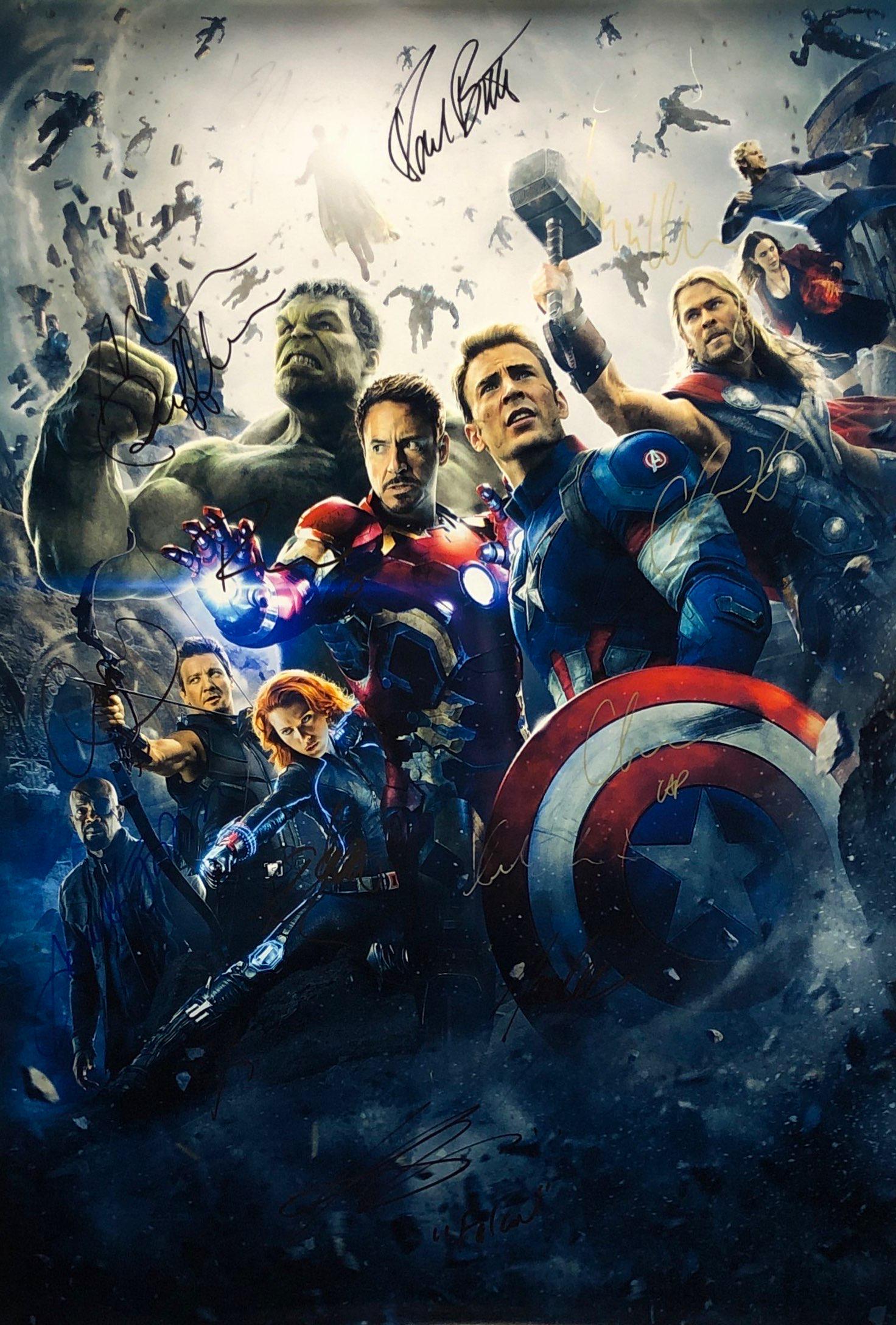Marvel Avengers Age of Ultron Poster A - Chris Evans: Autographed by: Robert Downey Jr., Chris Evans, Chris Hemsworth, Mark Ruffalo, Jeremy Renner, Scarlett Johannson, James Spader, Samuel L Jackson, Aaron Taylor Johnson, Elizabeth Olsen, Cobie Smulders,
