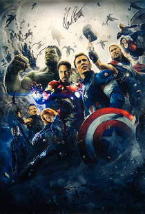 Marvel Avengers Age of Ultron Poster A - Chris Evans: Autographed by:Robert Downey Jr., Chris Evans, Chris Hemsworth, Mark Ruffalo, Jeremy Renner, Scarlett Johannson, James Spader, Samuel L Jackson, Aaron Taylor Johnson, Elizabeth Olsen, Cobie Smulders,