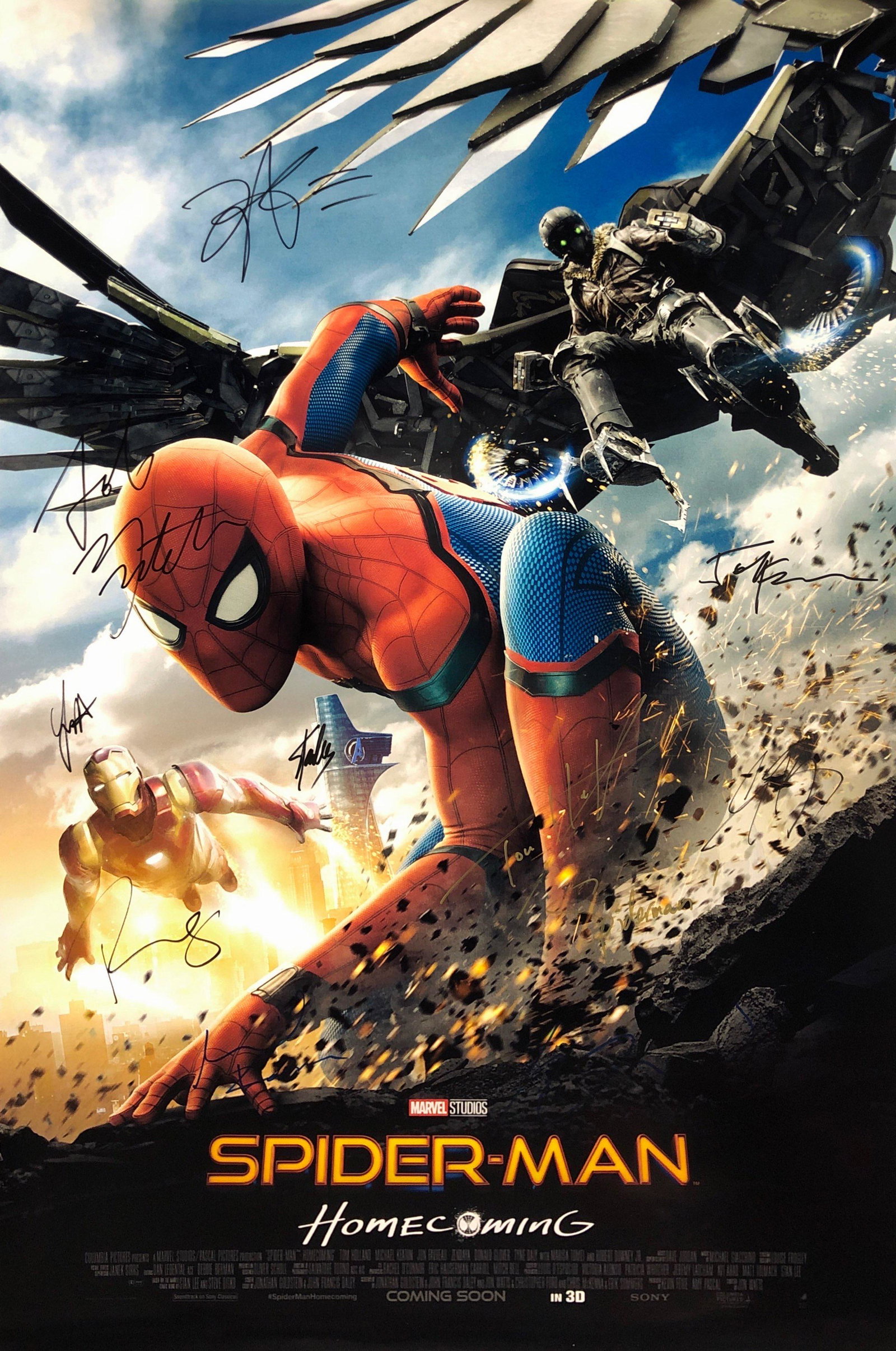 Spiderman Home Coming Poster A Tom Holland Autographed: Autographed by: Tom Holland, Zendaya, Robert Downey Jr, Michael Keaton, Marisa Tomei, Jon Favreau, Jacob Batalon, Tony Revolori, Laura Harrier and Stan Lee Size: 24" x 36" All items come with COA whic