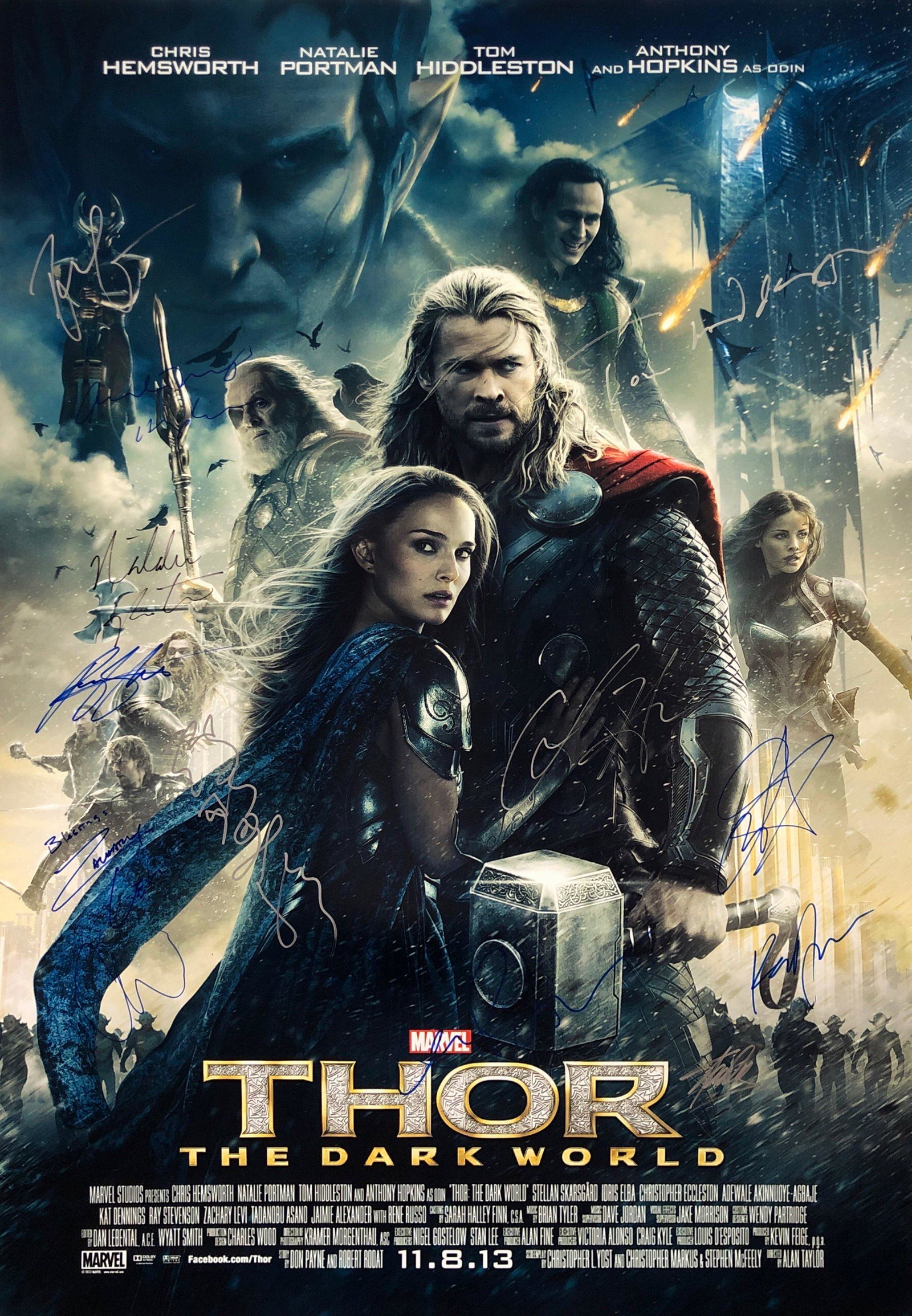 Thor Dark World Poster A Chris Hemsworth Autographed: Autographed by: Chris Hemsworth, Natalie Portman, Tom Hiddleston, Anthony Hopkins, Christopher Eccleston, Jaimie Alexander, Zachary Levi, Ray Stevenson, Tadanobu Asano, Idris Elba, Rene Russo, Adewale