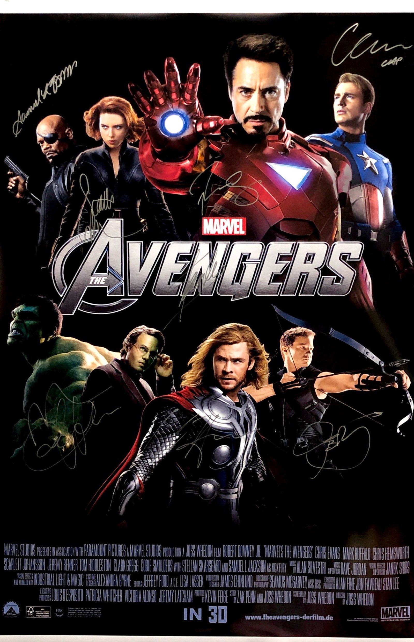 Avengers 1 Robert Downy Jr, Chris Evans Autographed: Autographed by: Robert Downy Jr, Chris Evans, Chris Hemsworth, Jeremey Renner, Scarlett Johannsson, Mark Ruffalo, Samuel. L Jackson and Stan Lee Size: 24" x 36" All items come with COA which has profe