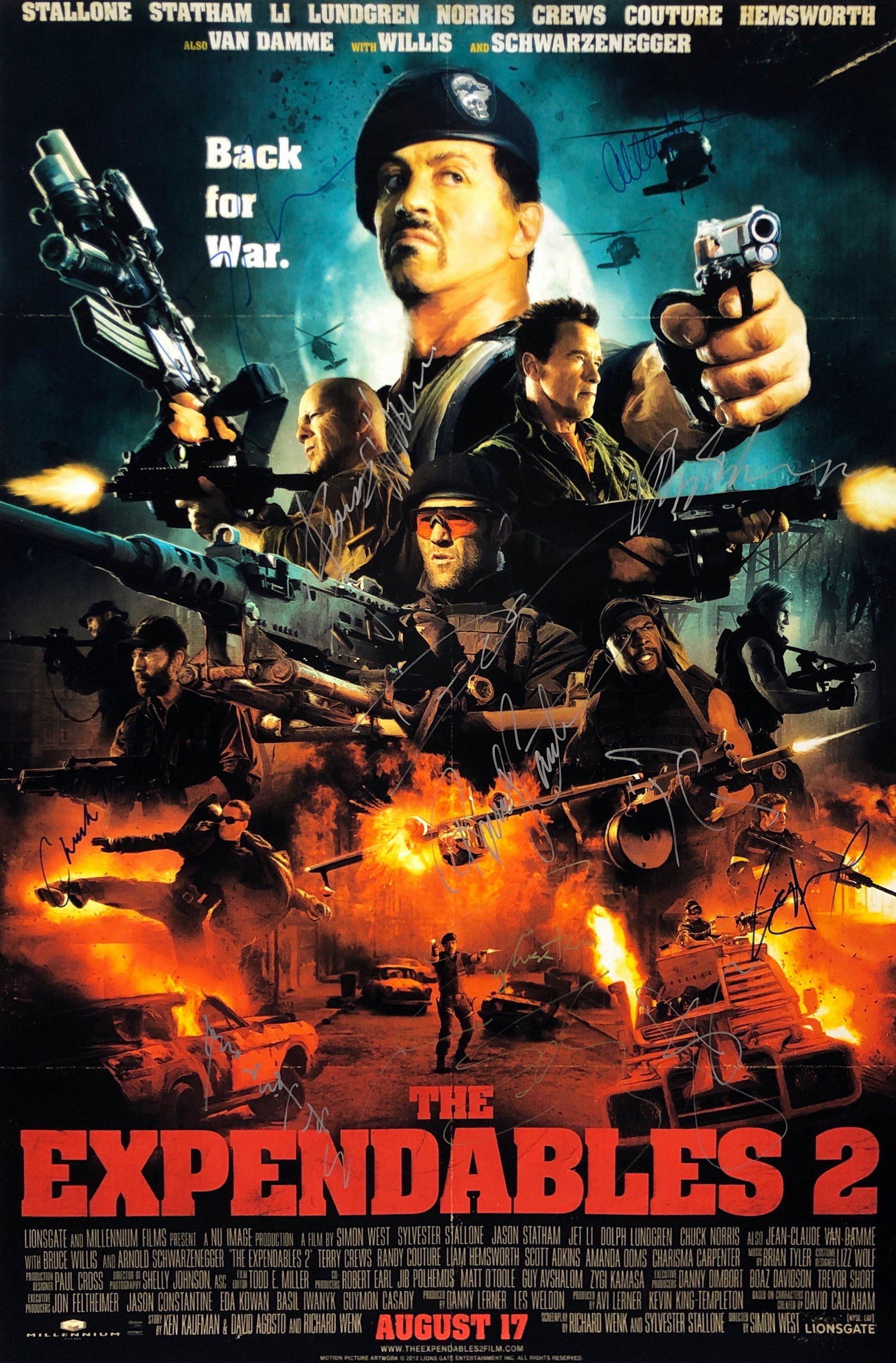 The Expendables 2 Poster Sylvester Stallone Chuck: Autographed by: Sylvester Stallone, Jason Statham, Jet Li, Dolph Lundgren, Chuck Norris, Terry Crews, Randy Couture, Liam Hemsworth, Charisma Carpenter, Jean Claude Van-Damme, Bruce Willis, Arnold Sch