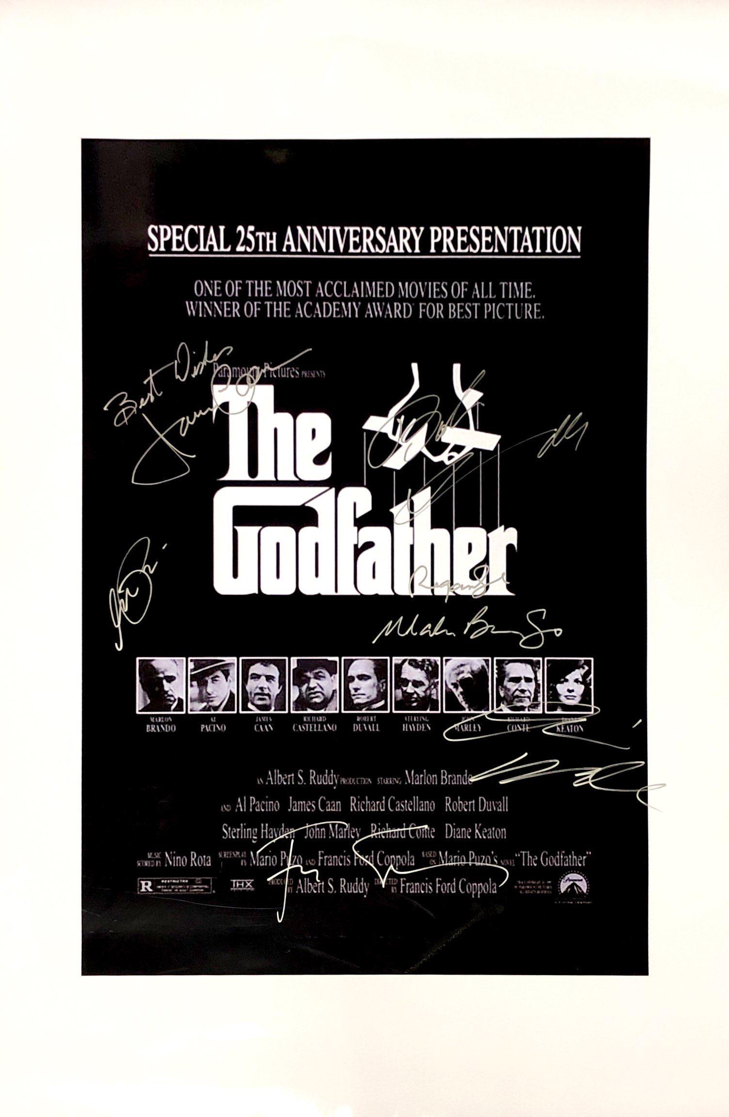 The Godfather 25 Years Anniversary Poster A Al Pacino: Autographed by: Al Pacino, Robert De Niro, Diane Keaton, James Caan, Robert Duvall, Francis Ford Coppola Size: 24" x 36" All items come with COA which has professional authentication services by exper
