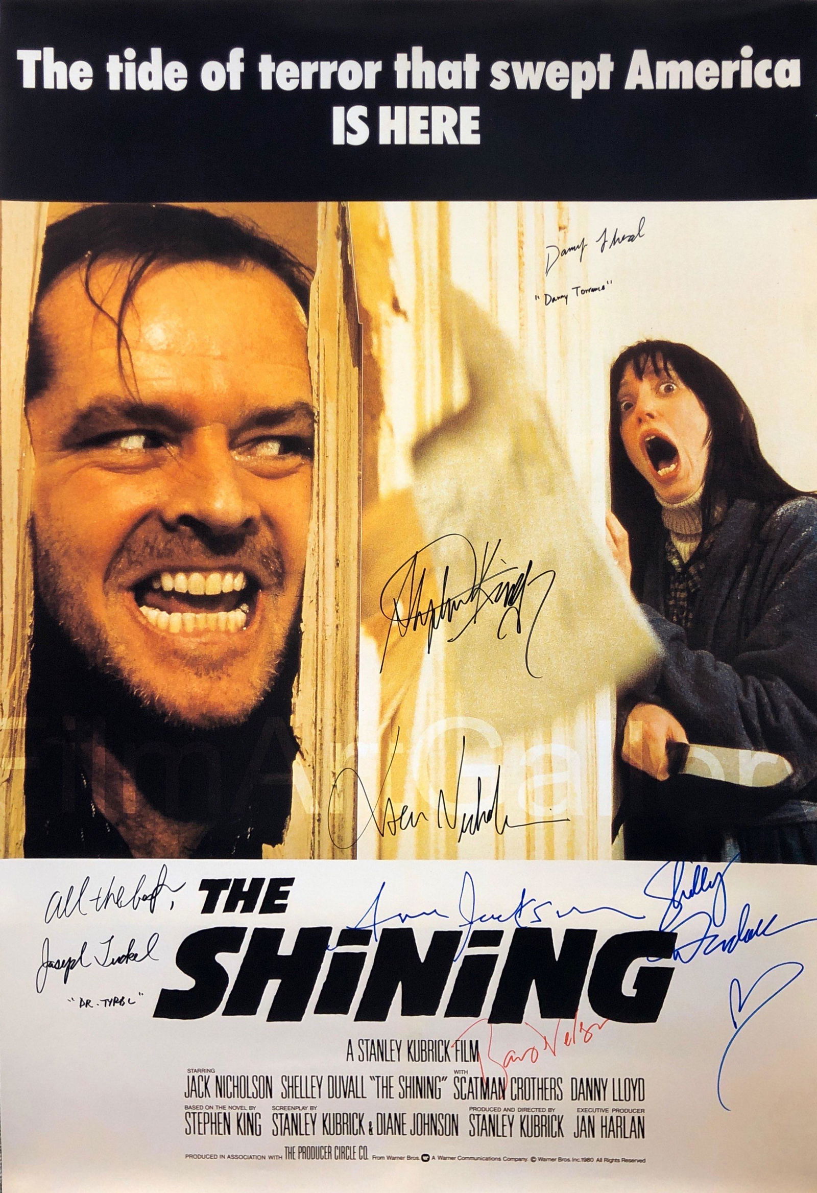 The Shining Poster A Jack Nicholson Shelly Duvall: Autographed by: Jack Nicholson, Shelly Duvall, Dany Lloyd, Barry Nelson, Anne Jackson, Stephen King, Joe Turkel Size: 24" x 36" All items come with COA which has professional authentication services b