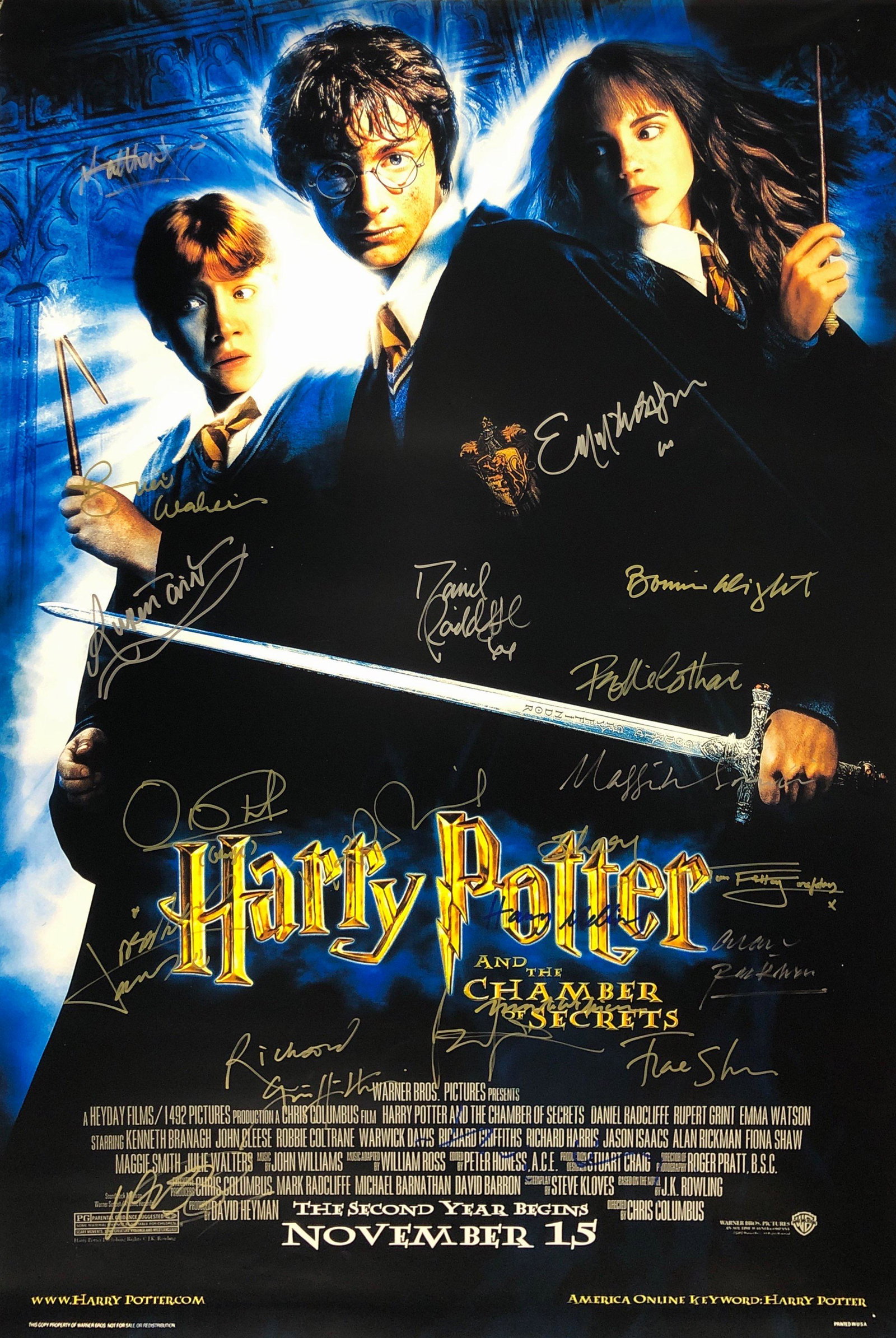 Harry Potter Chamber of Secret Poster C Daniel: Autographed by: Daniel Radcliffe, Rupert Grint, Emma Watson, Richard Griffiths, Fiona Shaw, Toby Jones, Harry Melling, James Phelps, Oliver Phelps, Julie Walters, Bonniw Wright, Mark Williams, Tom Fel