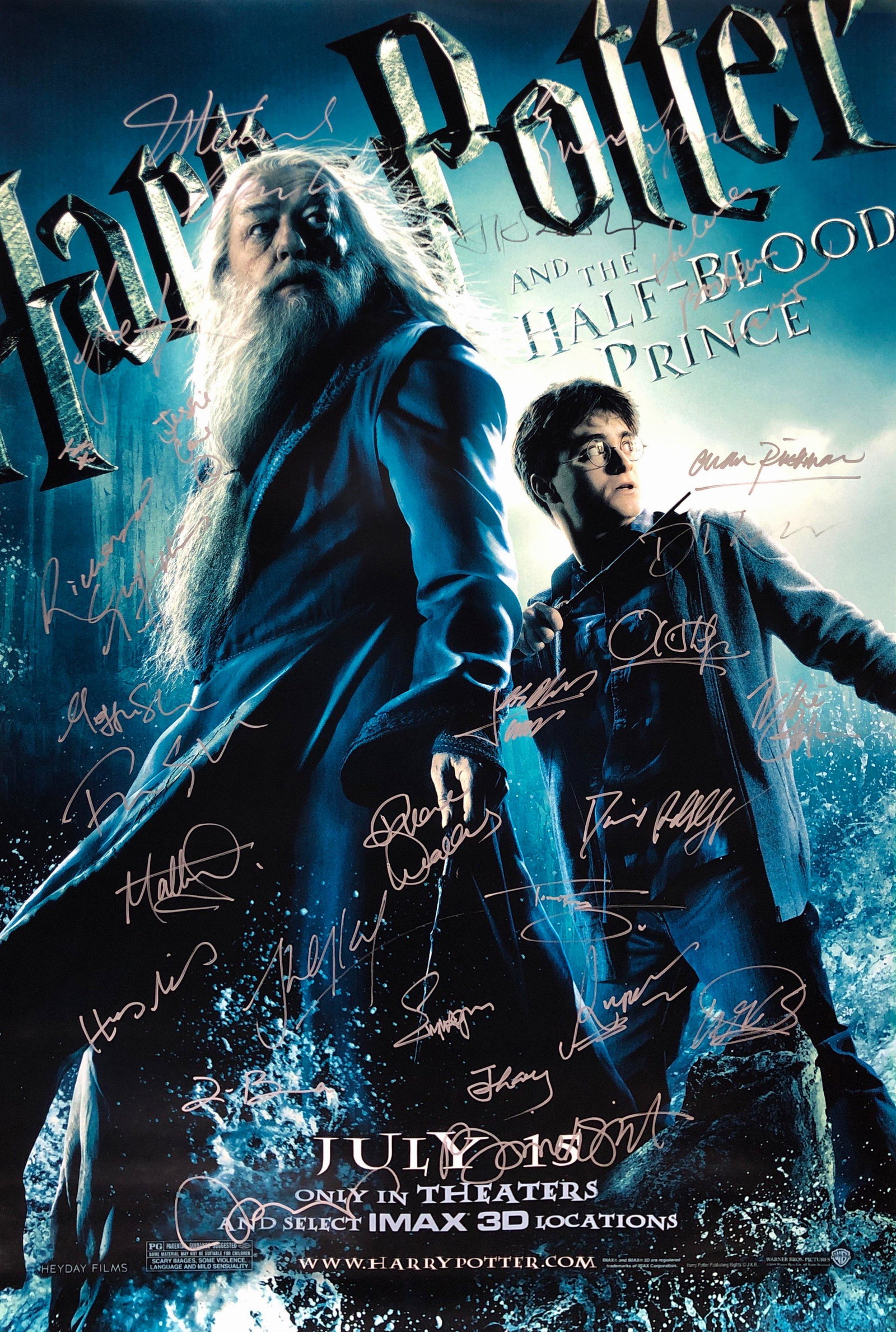 Harry Potter Half Blood Prince Poster A Daniel: Autographed by: Daniel Radcliffe, Rupert Grint, Emma Watson, Richard Griffiths, Fiona Shaw, Harry Melling, James Phelps, Oliver Phelps, Julie Walters, Bonnie Wright, Mark Williams, Tom Felton, Jason I