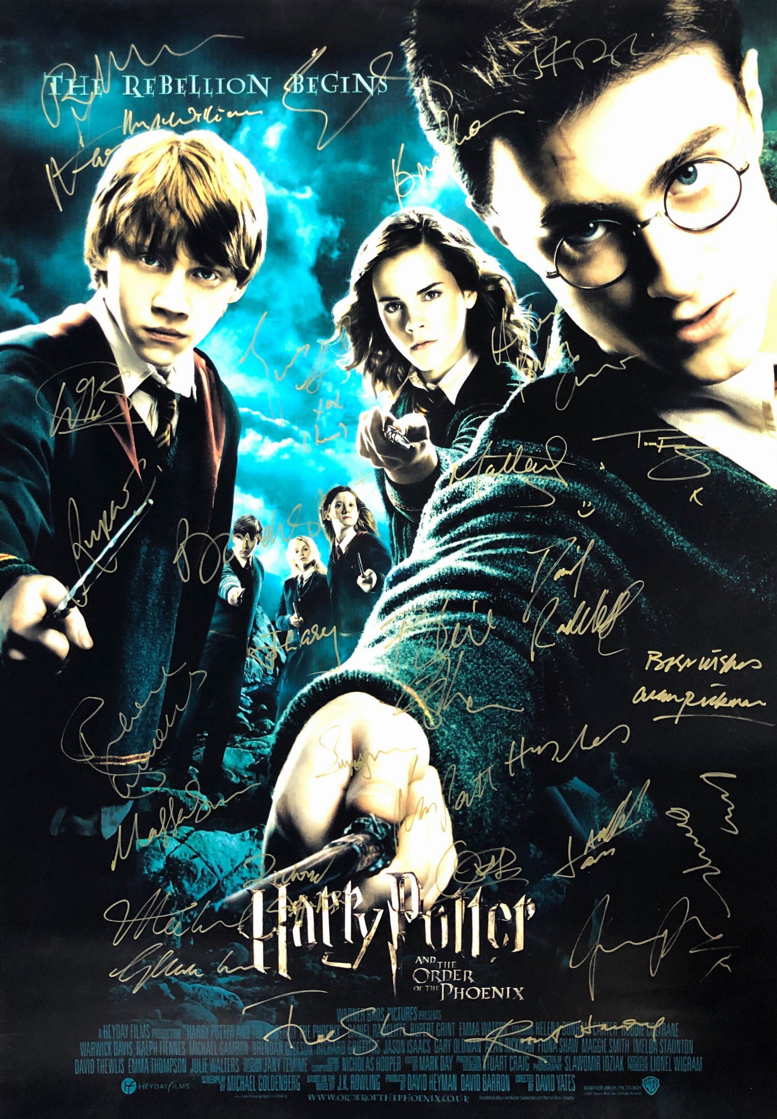 Harry Potter Order of Phoenix Poster Michael Gambon: Autographed by: Daniel Radcliffe, Rupert Grint, Emma Watson, Richard Griffiths, Fiona Shaw, Harry Melling, James Phelps, Oliver Phelps, Julie Walters, Bonnie Wright, Mark Williams, Tom Felton, Jason I