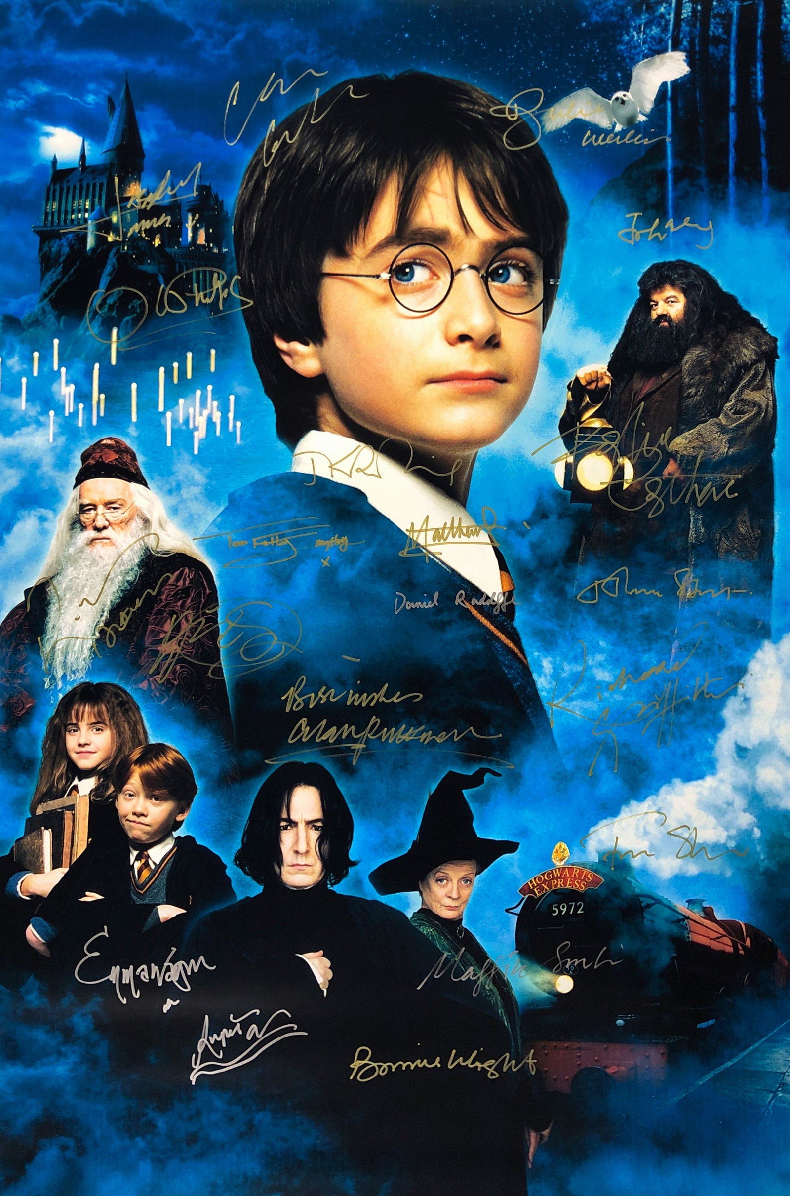 Harry Potter Philosopher's Stone Poster A Michael: Autographed by: Daniel Radcliffe, Emma Watson, Rupert Grint, Maggie Smith, Alan Rickman, Tom Felton, Robbie Coltrane, Richard Griffiths, Bonnie Wright, Oliver Phelps, Chris Columbus, James Phelps, Jul
