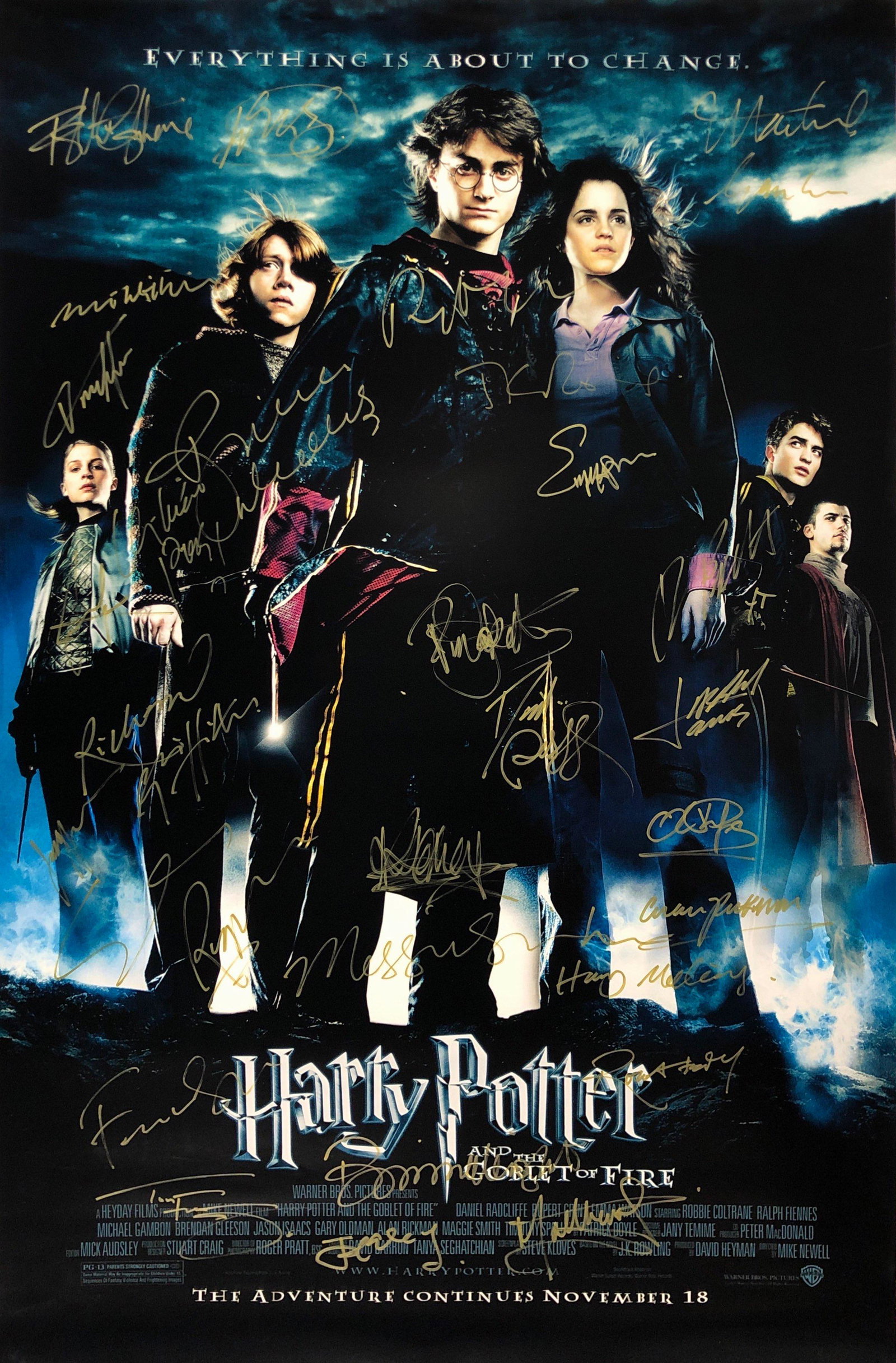 Harry Potter The Golbelt of Fire Poster Gary Oldman: Autographed by: Daniel Radcliffe, Rupert Grint, Emma Watson, Richard Griffiths, Fiona Shaw, Harry Melling, James Phelps, Oliver Phelps, Julie Walters, Bonniw Wright, Mark Williams, Tom Felton, Jason I