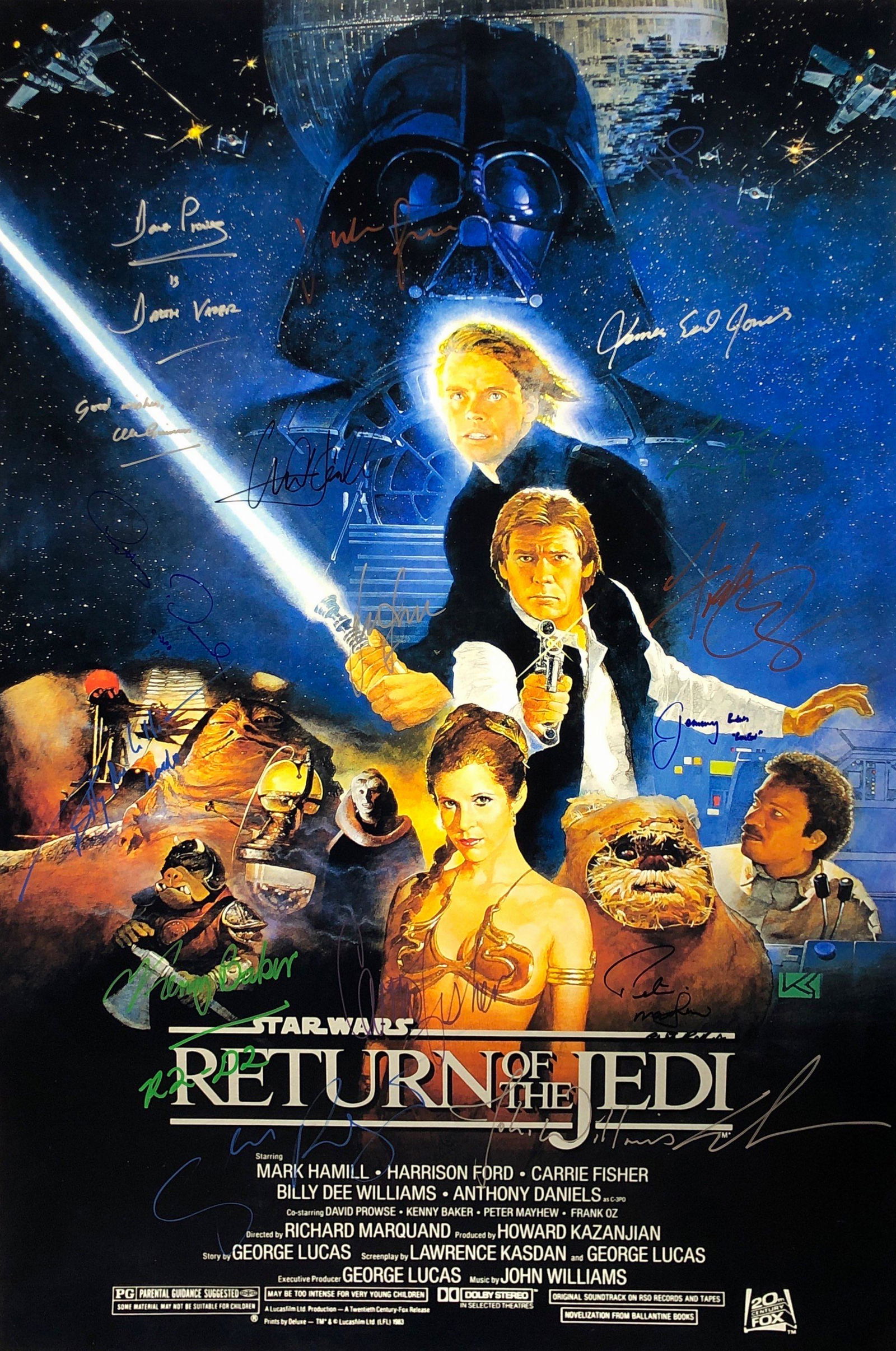 Star Wars Return of Jedi Poster A James Earl Jones: Autographed by: Mark Hamill, Harrison Ford, Carrie Fisher, Billy Dee Williams, Anthony Daniels, Peter Mayhew, Ian McDiarmid, Frank Oz, James Earl Jones, Dave Prowse, Kenny Baker, George Lucas, Lawrenc