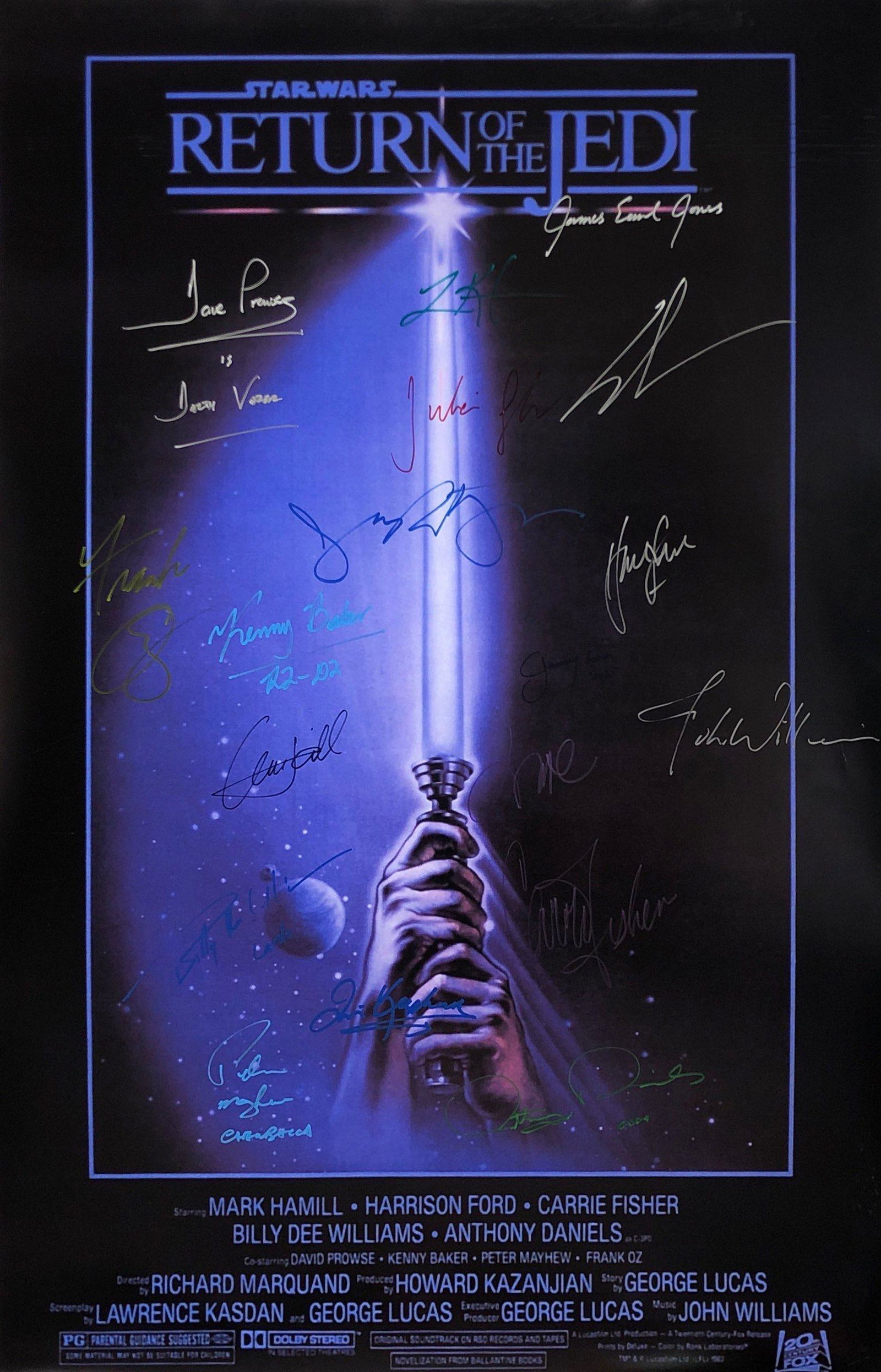 Star Wars Return of Jedi Poster B Mark Hamill Harrison: Autographed by: Mark Hamill, Harrison Ford, Carrie Fisher, Billy Dee Williams, Anthony Daniels, Peter Mayhew, Ian McDiarmid, Frank Oz, James Earl Jones, Dave Prowse, Kenny Baker, George Lucas, Lawrenc