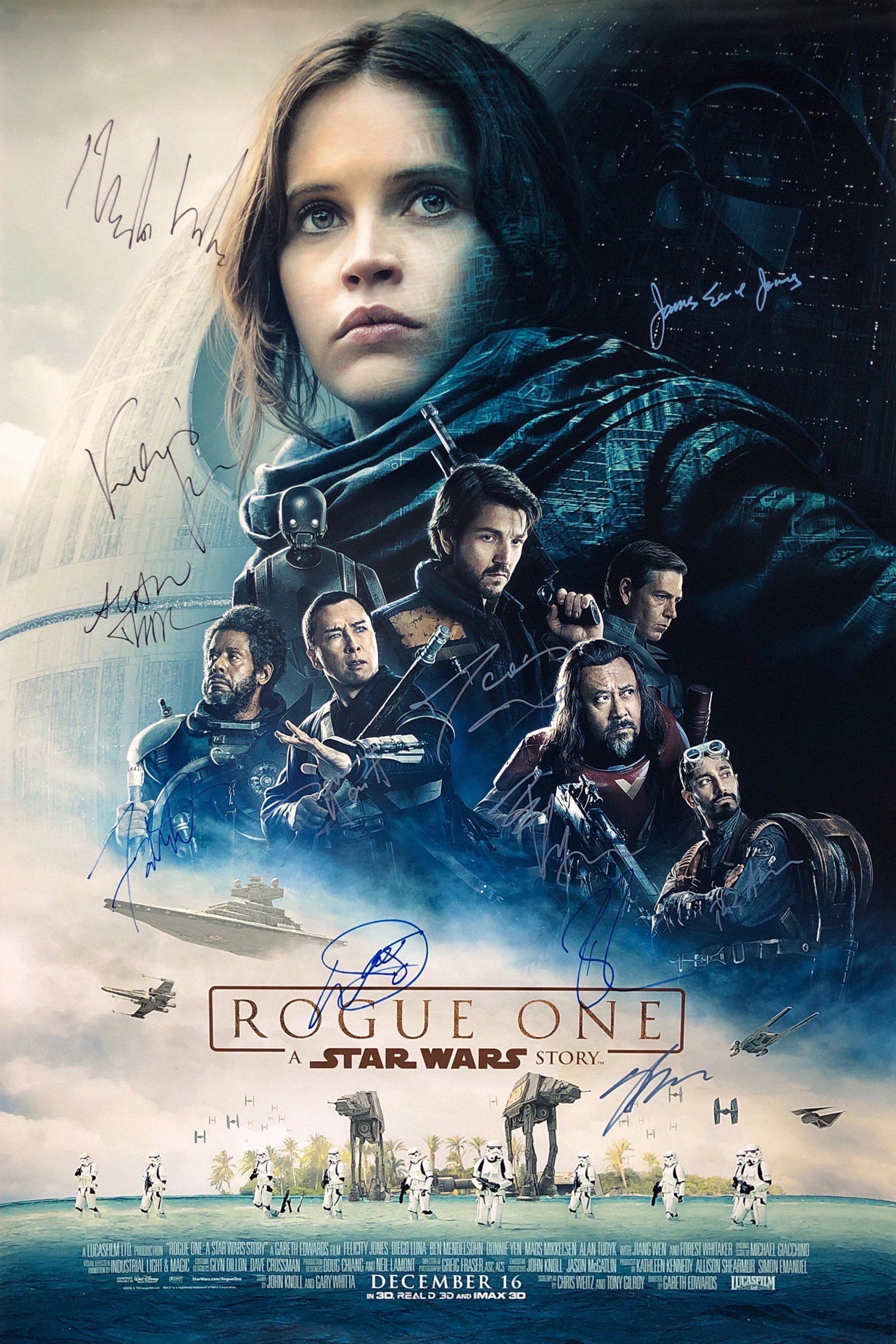 Star Wars Rogue One Poster B Riz Ahmed Forest Whitaker: Autographed by: Felicity Jones, Riz Ahmed, Forest Whitaker, Ben Mendelsohn, Diego Luna, Jiang Wen, Mads Mikkelsen, Gareth Edwards, Alan Tudyk, Warwick Davis, James Earl Jones, Donnie Yen Size: 24" x 3