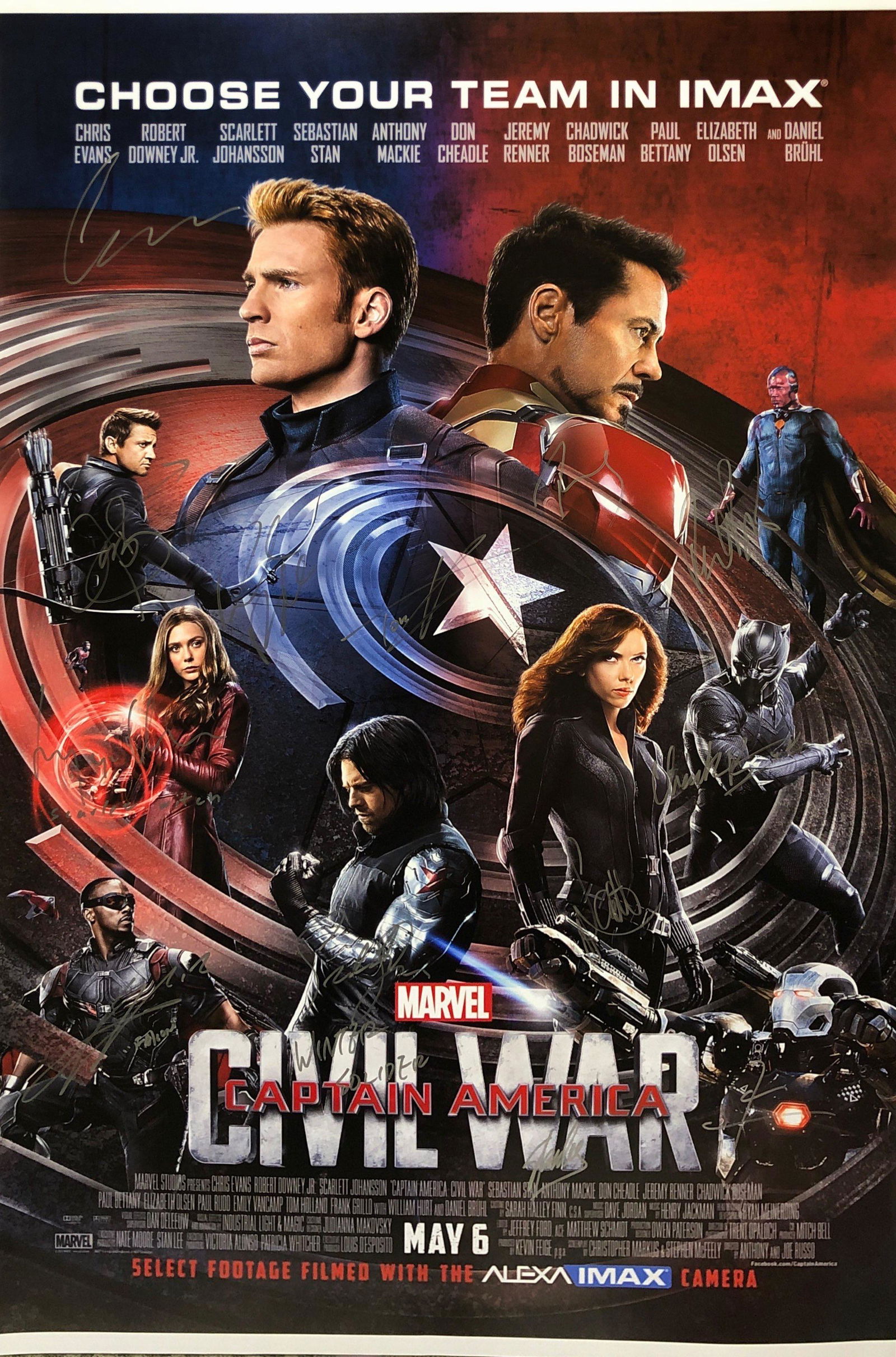 Captain America: Civil War Poster A Autographed Signed: Autographed by: Robert Downey Jr, Chris Evans, Scarlett Johansson, Elizabeth Olsen, Paul Bettany, Paul Rudd, Tom Holland, Chadwick Boseman, Jeremy Renner, Sebastian Stan, Don Cheadle, Anthony Mackie a