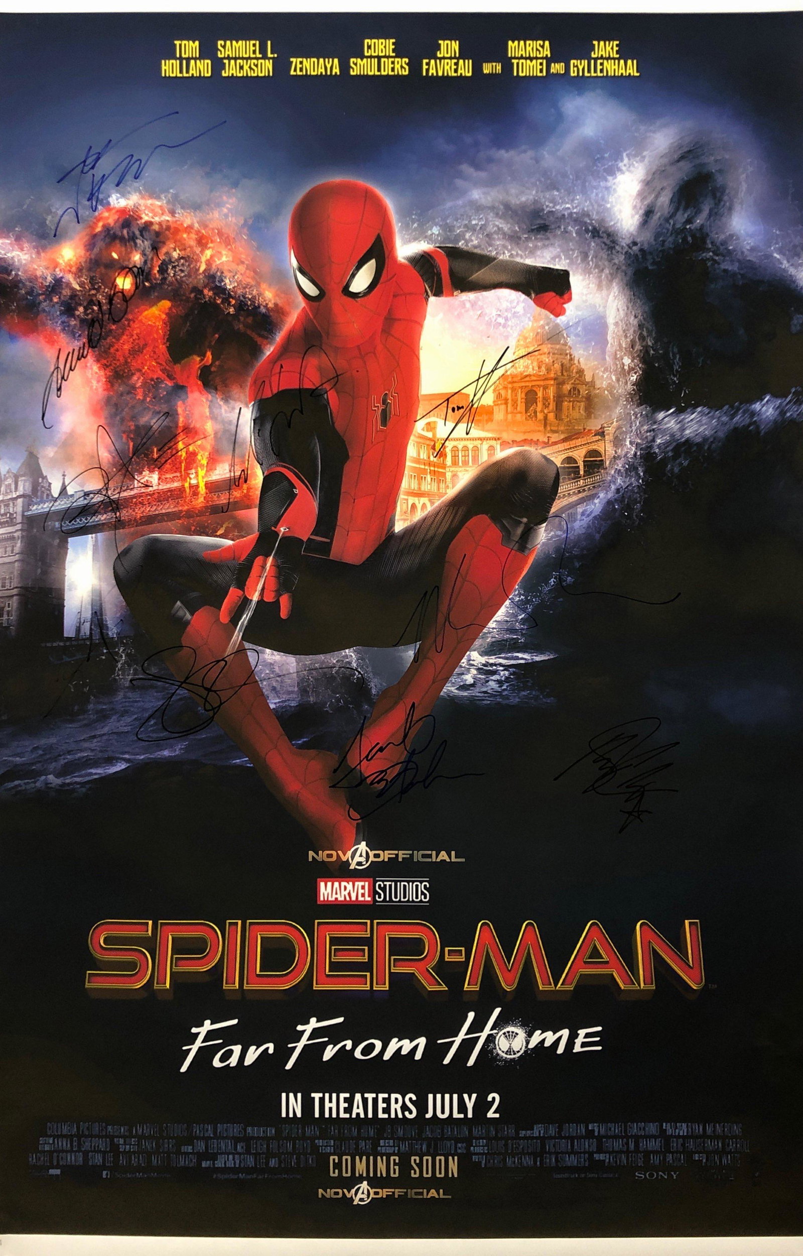 Spiderman Far From Home Poster A Autographed Signed: Autographed by: Tom Holland, Zendaya, Samuel L. Jackson, Jake Gyllenhaal, Marisa Tomei, Jon Favreau, Jacob Batalon, Tony Revolori, Martin Starr, Cobie Smulders Size: 24" X 36" All items come with COA 