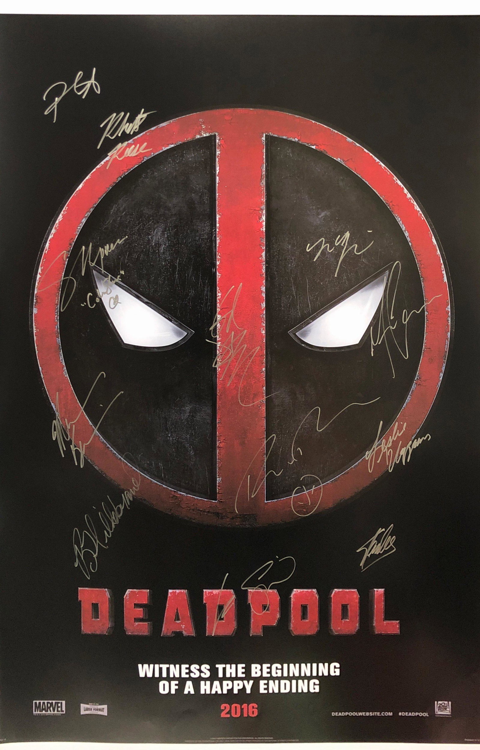 Deadpool Ryan Reynolds Poster A Autographed Signed: Autographed by: Tim Miller, Ryan Reynolds, Morena Baccarin, Ed Skrein, Stefan Kapicic, Leslie Uggams, Gina Carano, Brianna Hildebrand, Karan Soni, Rhett Reese, Paul Wernick, Stan Lee Size: 24" X 36" A