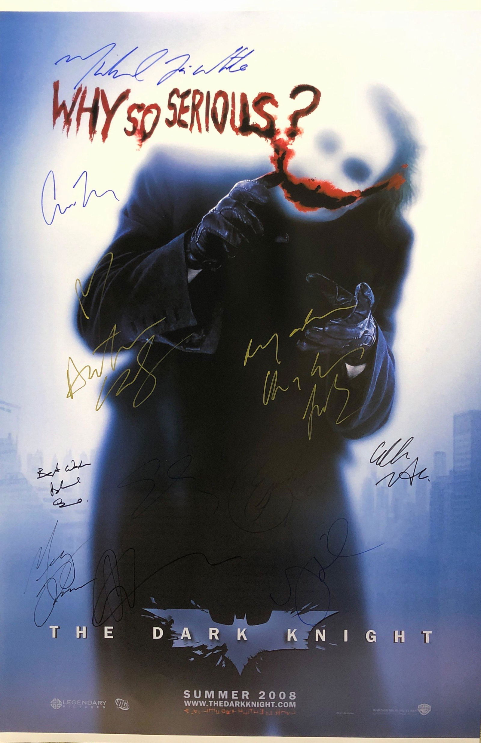 The Dark Knight Promotional Autographed Signed: Autographed by: Gary Oldman, Christian Bale, Cillian Murphy, Aaron Eckhart, Michael Jai White, Maggie Gyllenhaal, Michael Caine, Eric Roberts, Christopher Nolan, Morgan Freeman and Heath Ledger Size: