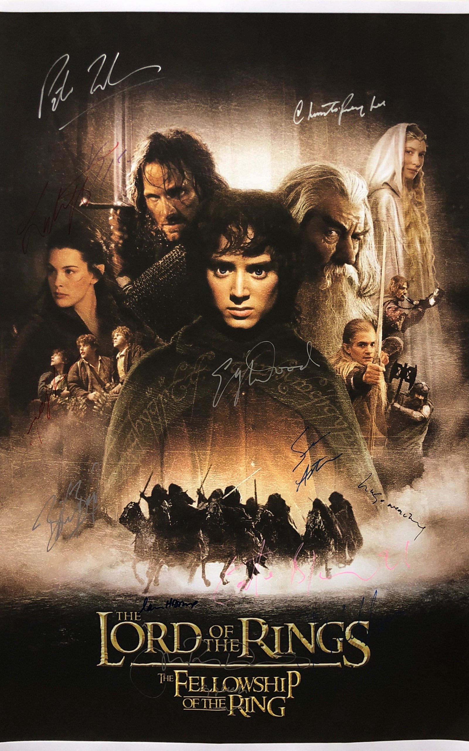 Lord of The Rings Fellowship of The Ring Poster: Autographed by: Sean Astin, Sean Bean, Cate Blanchett, Orlando Bloom, Billy Boyd, Ian Holm, Viggo Mortensen, Andy Serkis, Liv Tyler, Hugo Weaving, Elijah Wood, Peter Jackson, John Rhys-Davies, Dominic