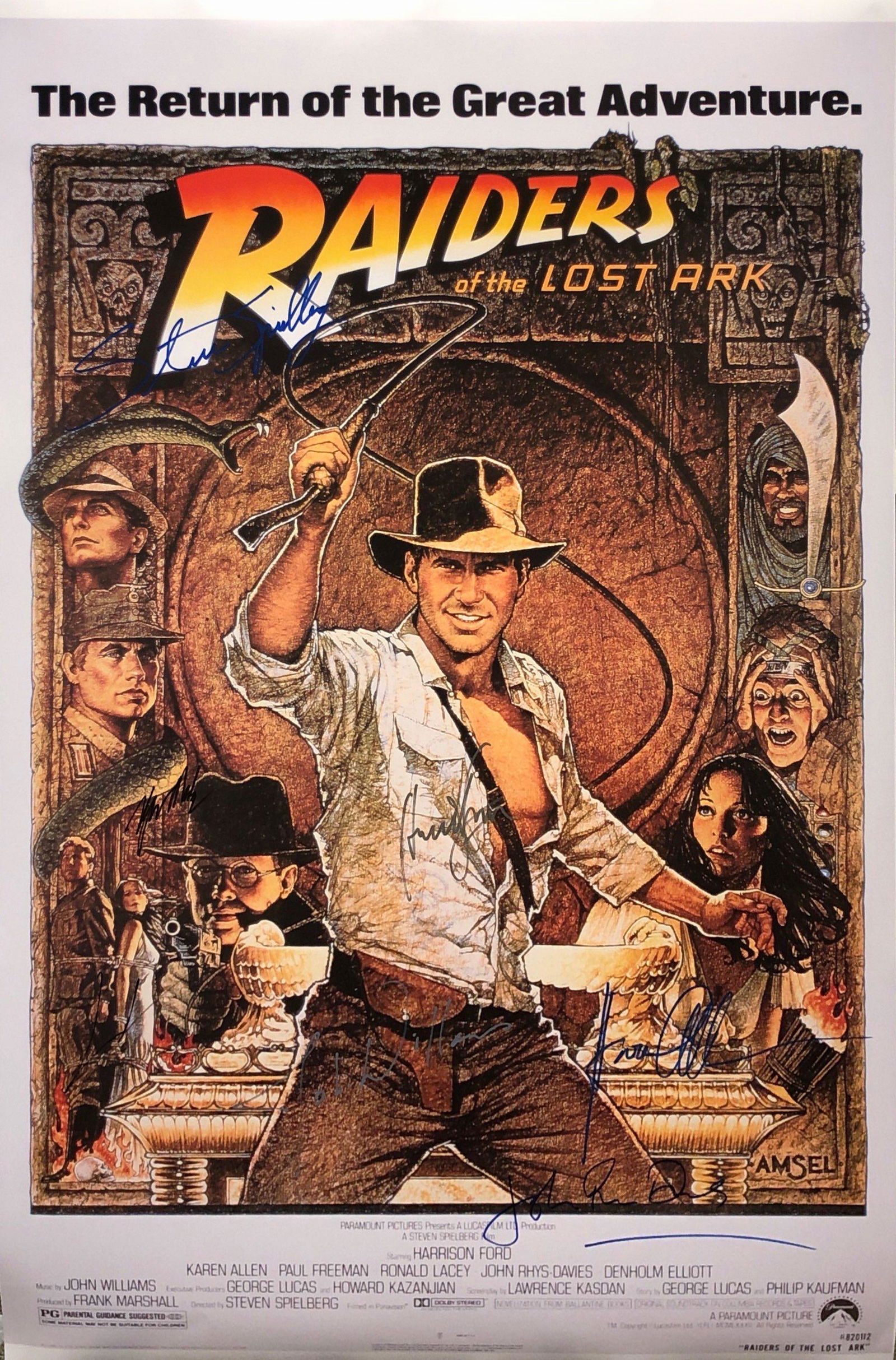 Indiana Jones Raiders of The Lost Ark Poster: Autographed by: Harrison Ford, Karen Allen, Alfred Molina, John Rhys-Davies, George Lucas, Steven Spielberg, John Williams Size: 24" X 36" All items come with COA which has professional authentication