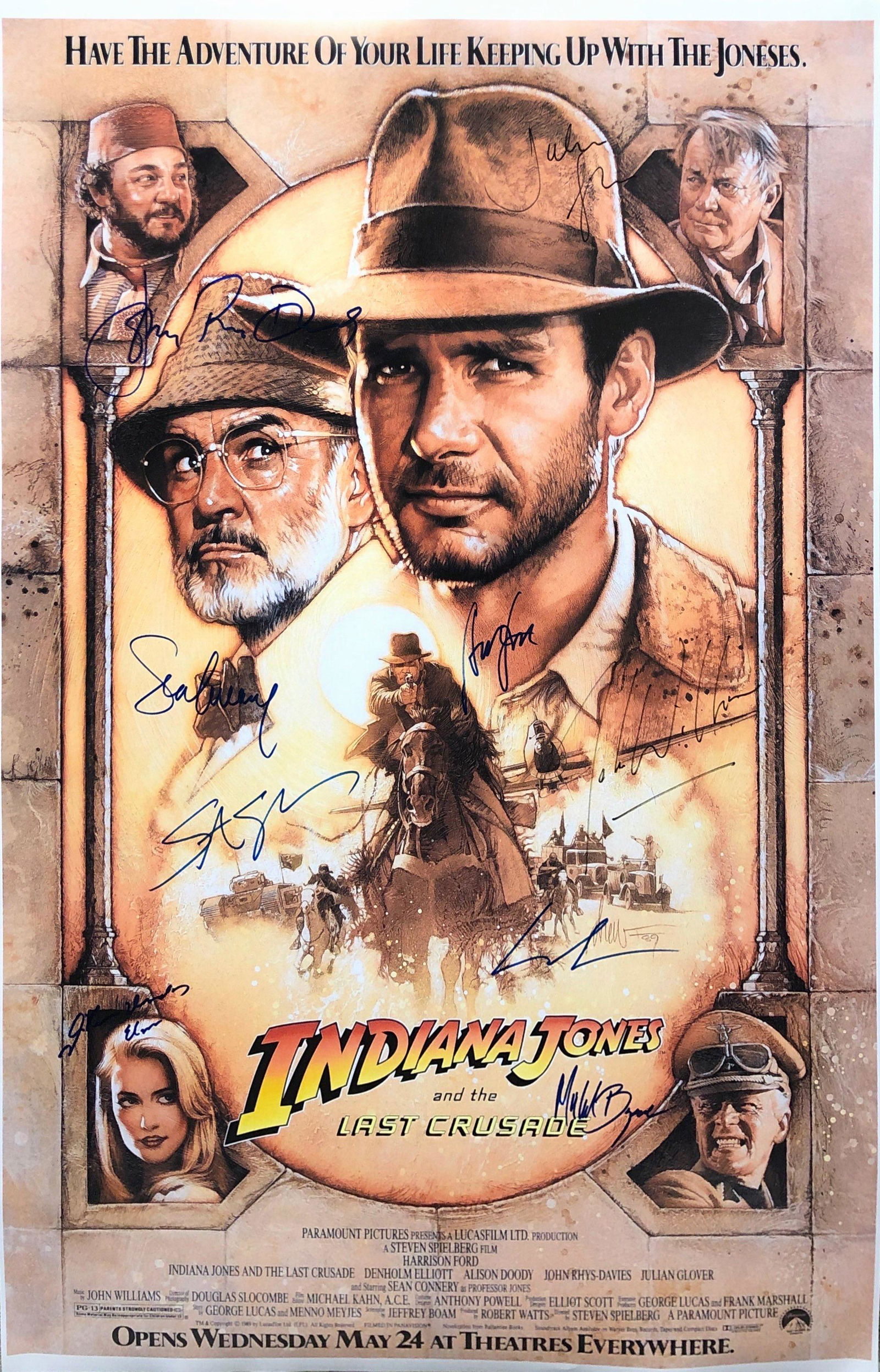 Indiana Jones Last Crusade Poster Autographed Signed: Autographed by: Allison Doody, John Rhys Davies, Sean Connery, Harrison Ford, Julian Glover, John Williams, George Lucas, Steven Spielberg Size: 24" X 36" All items come with COA which has professiona
