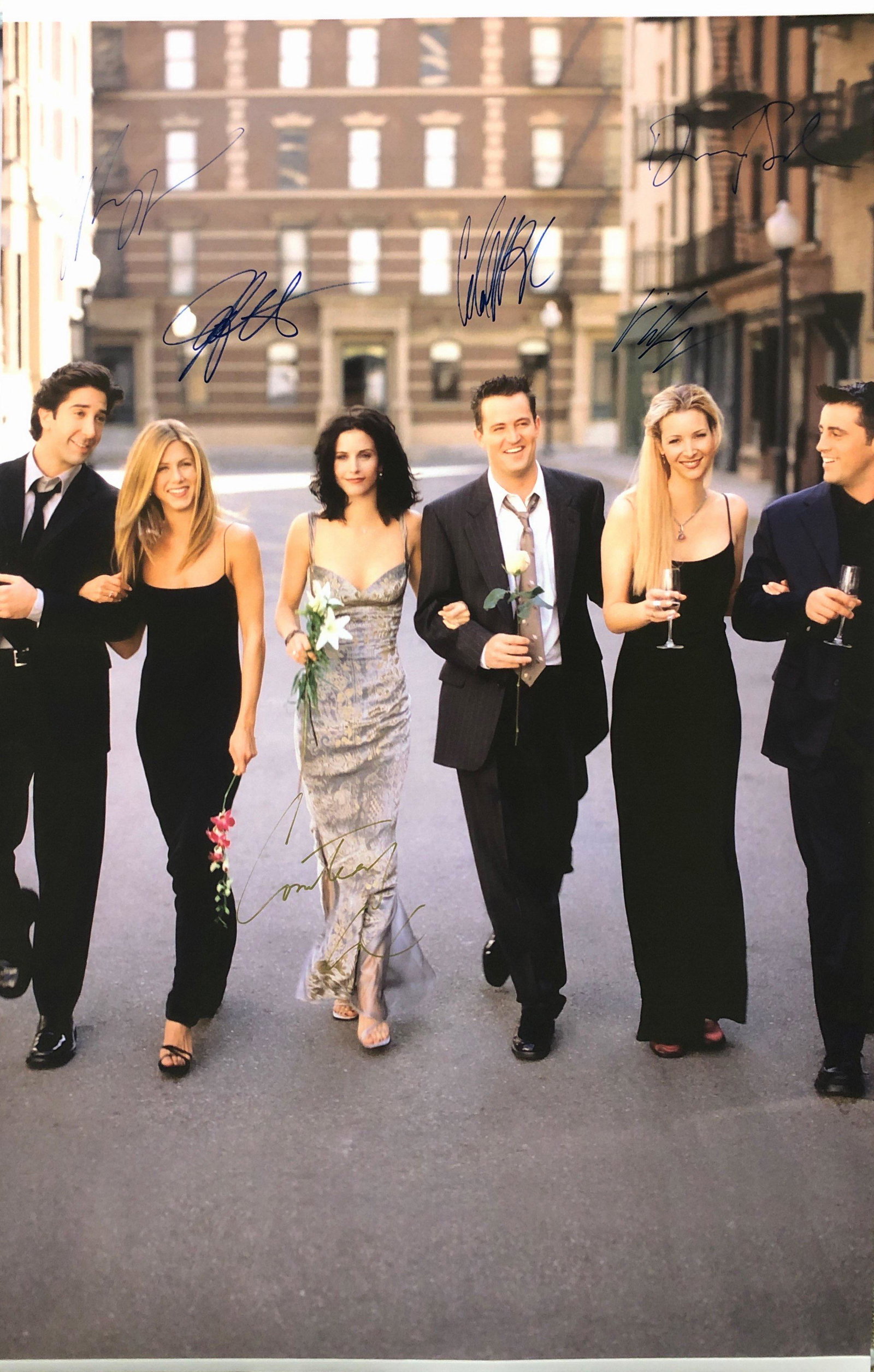 FRIENDS Poster Jennifer Aniston Autographed Signed: Autographed by: Jennifer Aniston, Courtney Cox, Lisa Kudrow, Matthew Perry, Matt LeBlanc and David Schwimmer Size: 24" X 36" All items come with COA which has professional authentication services by e