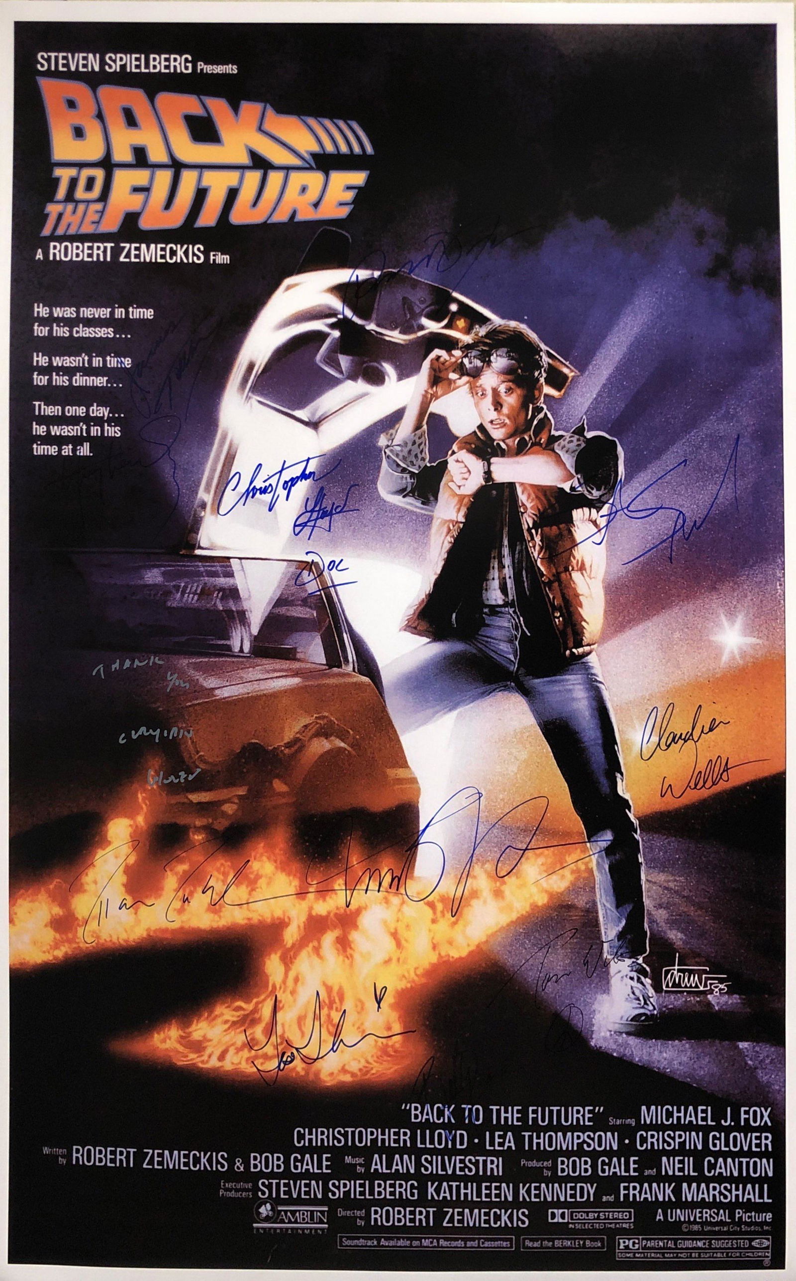 Back to Future A Steven Spielberg Signed Poster: Autographed by: Michael J Fox, Christopher Llyod, Lea Thompson, Crispin Glover, Thomas F Wilson, Claudia Wells, Billy Zane, James Tolkan, Marc McClure, Huey Lewis, Robert Zemeckis, Steven Spielberg Si