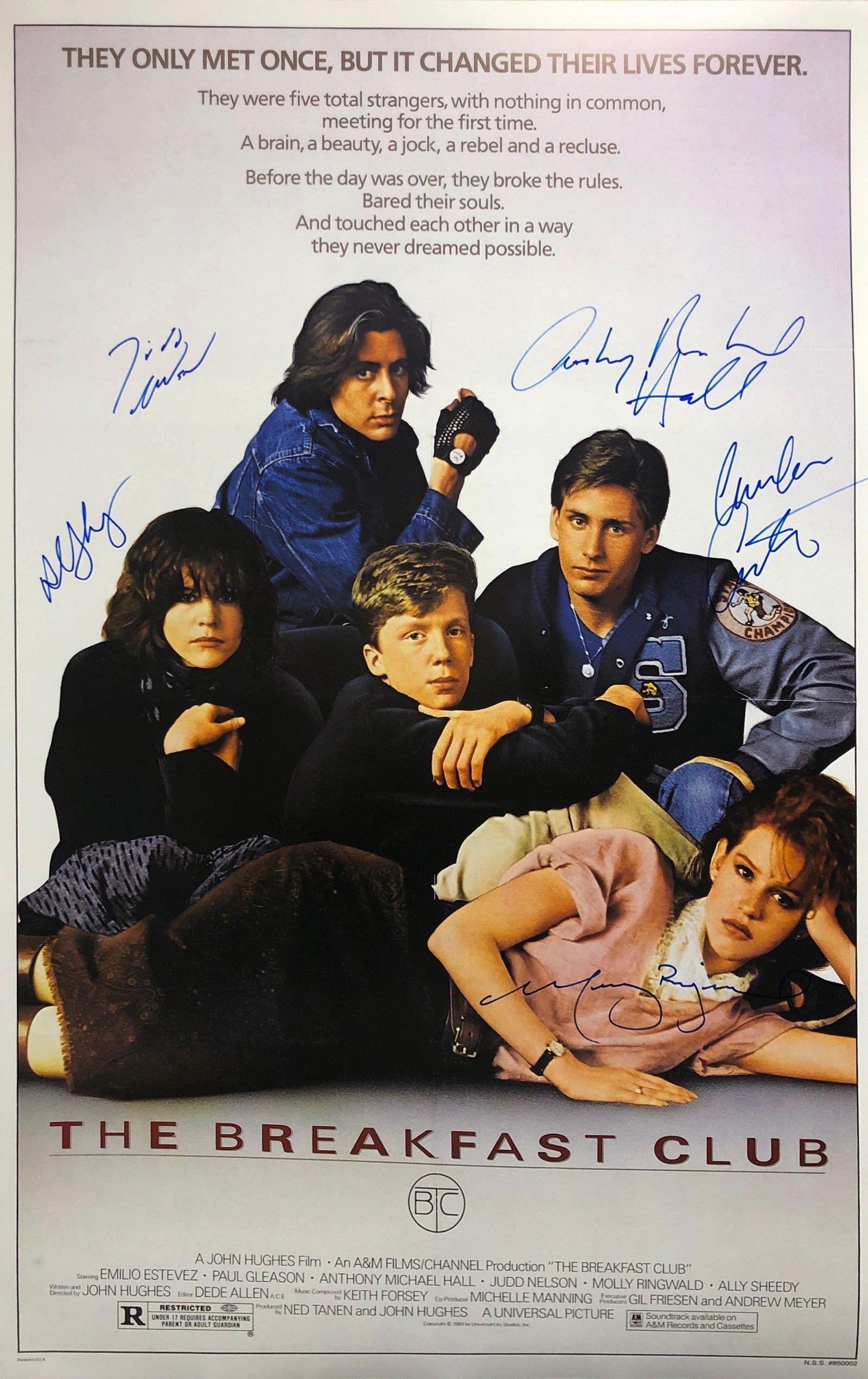 Breakfast Club Judd Nelson Michael Hall Signed Poster: Autographed by: Molly Ringwald, Judd Nelson, Anthony Michael Hall, Emilio Estevez, Ally Sheedy Size: 24" x 36" All items come with COA which has professional authentication services by experts. Certif