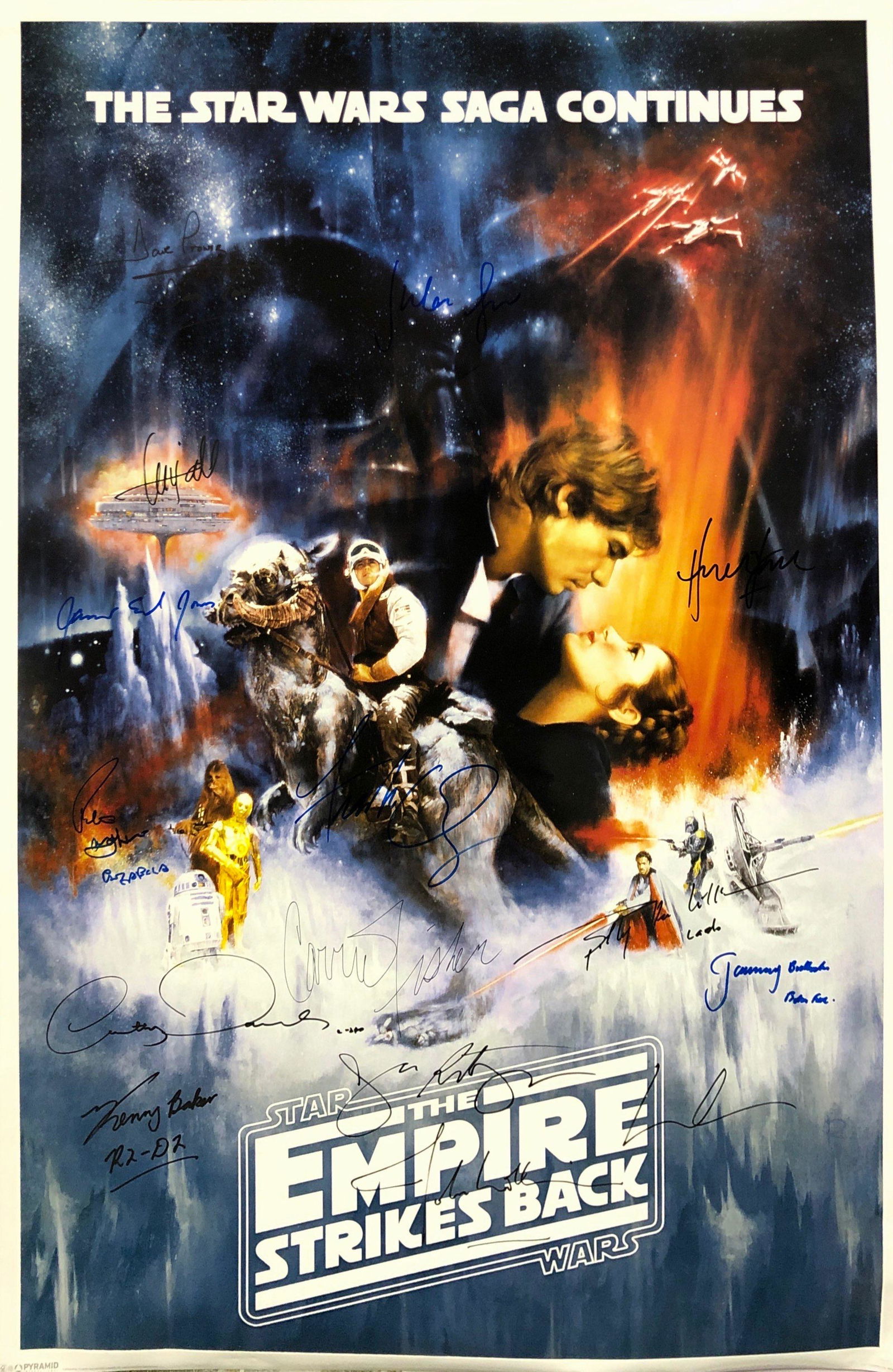 Star Wars Empire Strikes Back A Mark Hamill Harrison: Autographed by: Mark Hamill, Harrison Ford, Carrie Fisher, Dave Prowse, Anthony Daniels, Kenny Baker, Peter Mayhew, George Lucas, Billy Dee Williams, James Earl Jones, Frank Oz, Jeremy Bulloch, Julian
